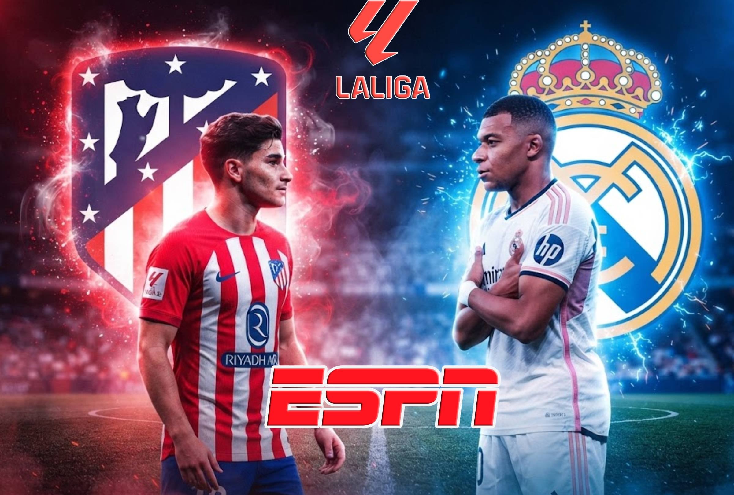 MADRID, COMUNIDAD DE MADRID (ESPAÑA), 20/09/2026.- ESPN transmitirá EN DIRECTO el derbi Real Madrid vs. Atlético de Madrid que se realizará este domingo 20 de septiembre en el Estadio Riyadh Air Metropolitano por LaLiga. FOTO: Imagen creada con la IA de Gemini para MIX de Gestión.