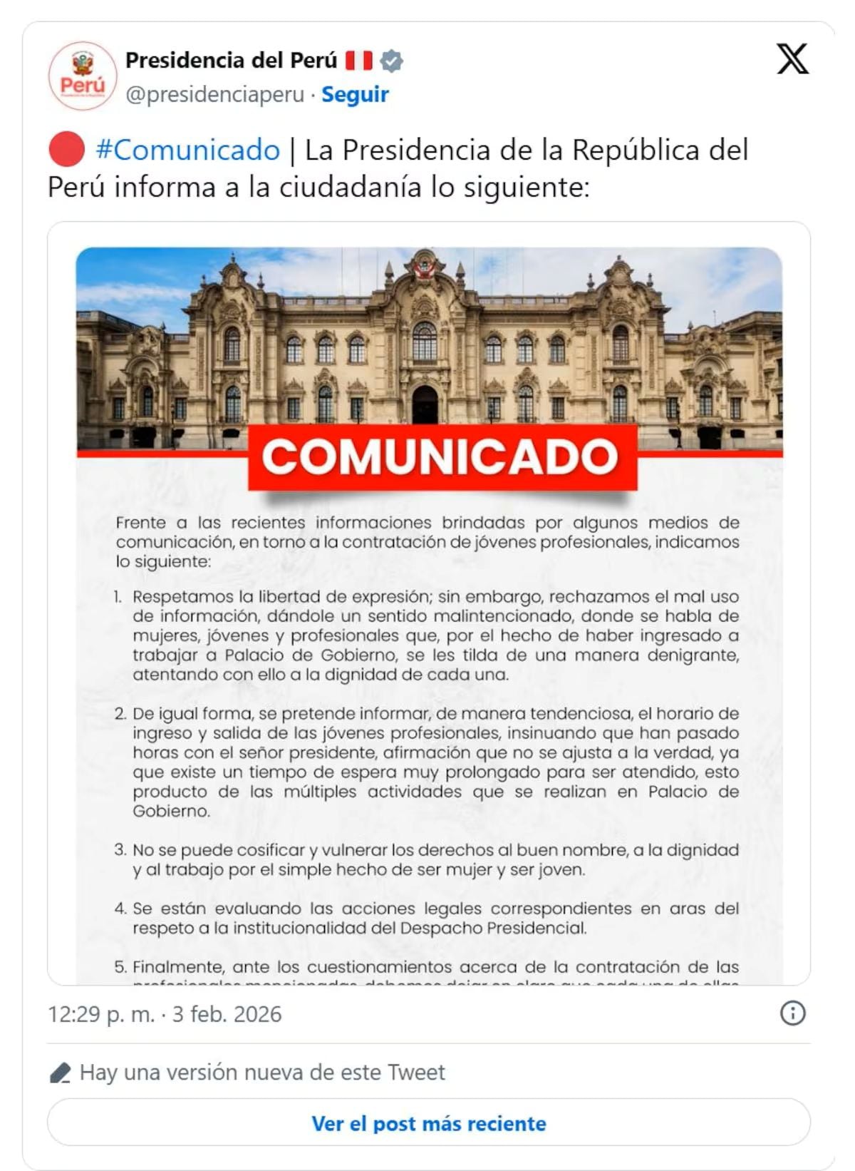 Primer comunicado emitido por Presidencia, posteriormente corregido. Foto: X.