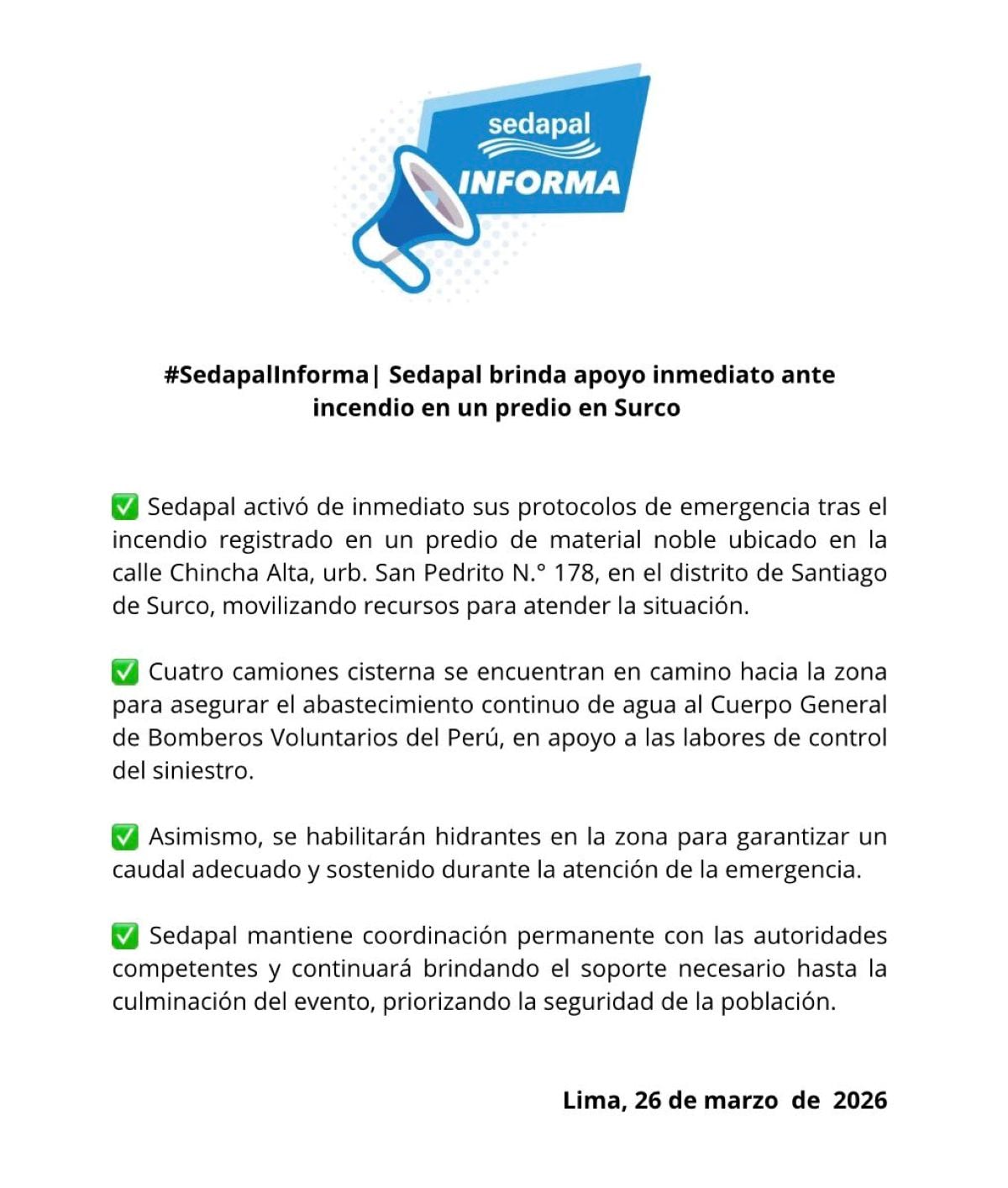 Comunicado de Sedapal frente a incendio en Surco. Foto: X.