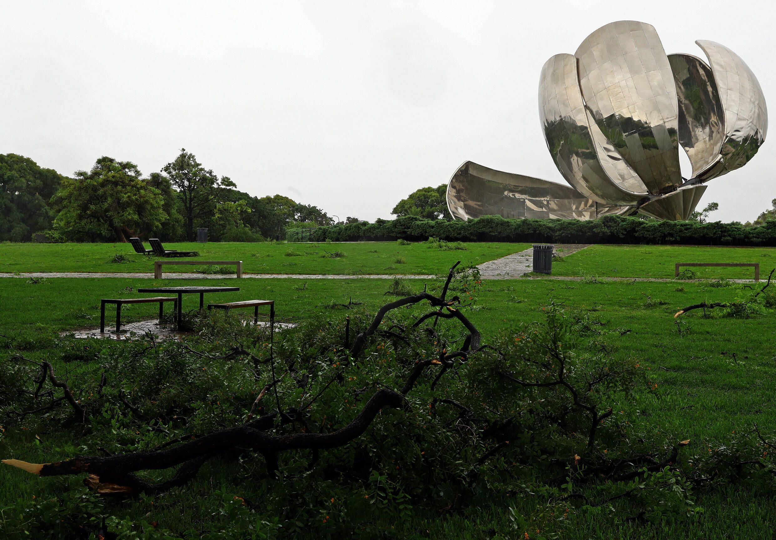 La emblemática escultura metálica móvil "Floralis Genérica", en el barrio bonaerense de Palermo, perdió uno de sus pétalos gigantes tras un severo temporal que afectó a la capital y otras ciudades argentinas, el 17 de diciembre de 2023. © ALEJANDRO PAGNI / AFP