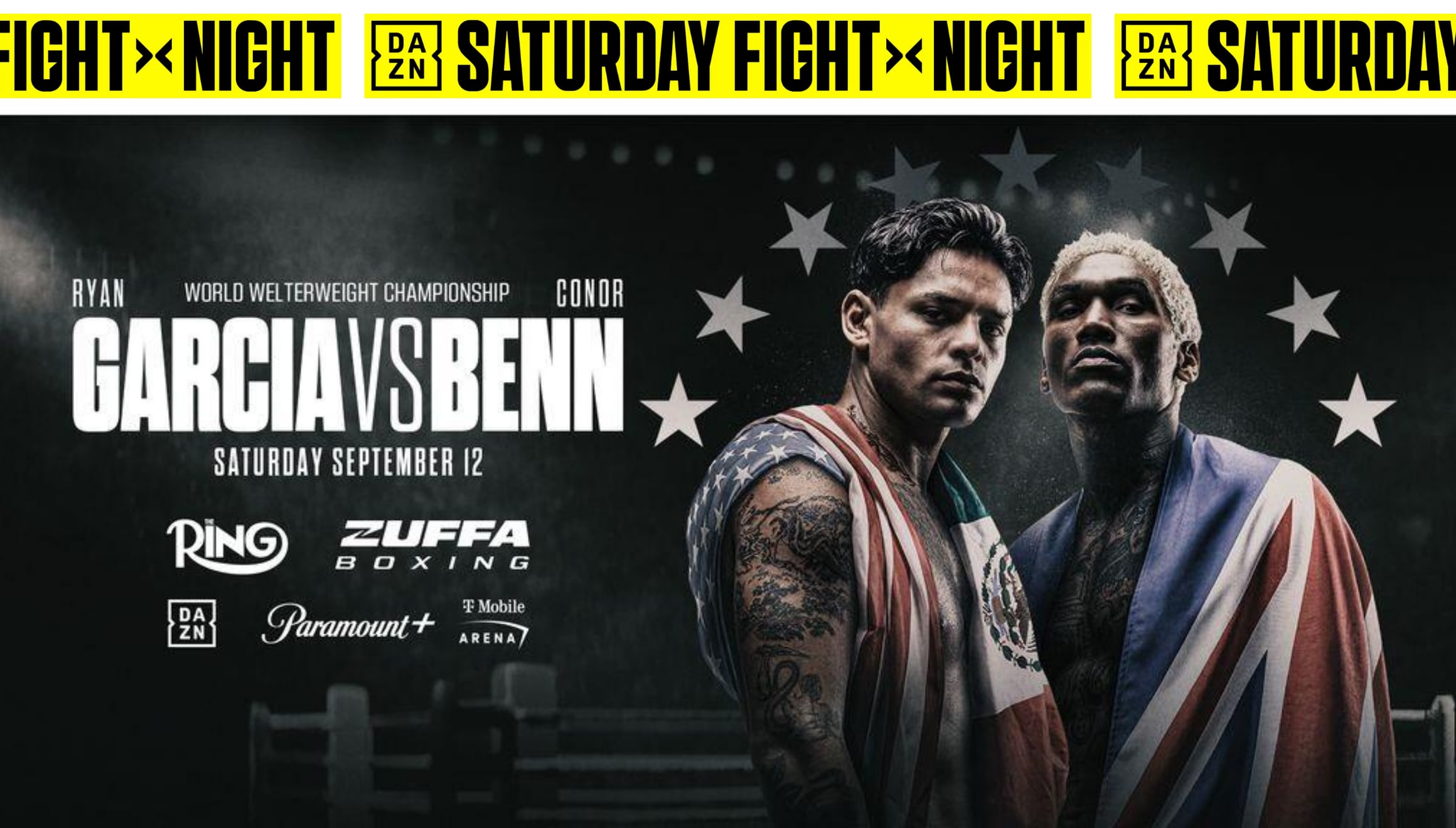 Ryan García y Conor Benn durante el cara a cara oficial previo a su combate estelar de boxeo, transmitido en directo a través de DAZN PPV por internet. | Crédito: wwe.com / Composición Gestión Mix