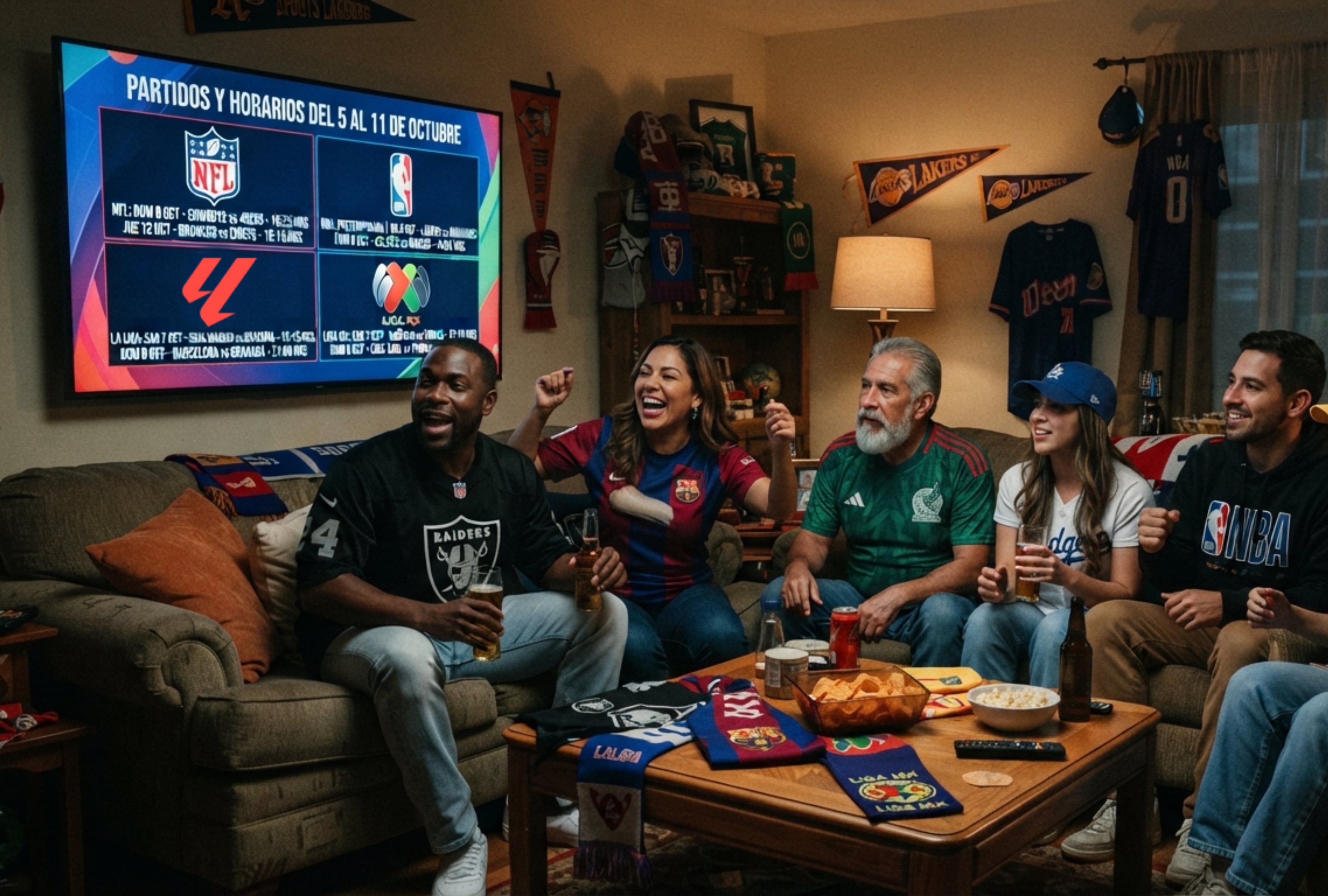 Consulta a qué hora juegan los principales equipos. Revisa la programación de NFL, NBA, LaLiga y Liga MX para la semana del 5 al 11 de octubre. | Imagen referencial creada por Depor utilizando la IA de Gemini / Composición GEC