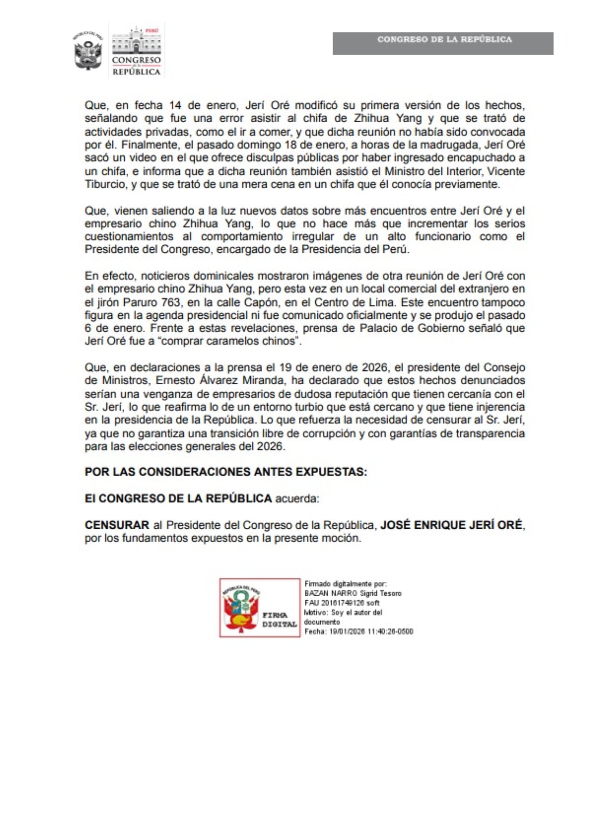 Moción de censura promovida por Sigrid Bazán. Foto: X.