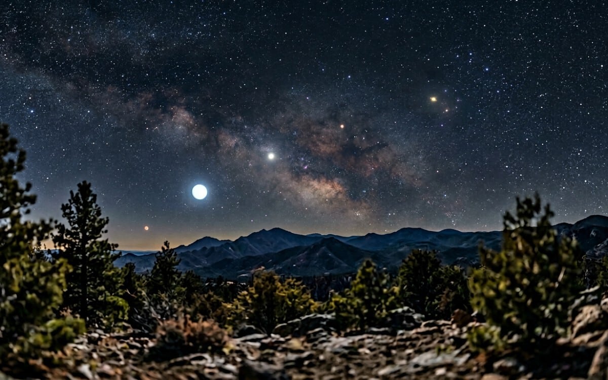 El 11 de junio, Marte, la Luna creciente y Saturno formarán una línea diagonal sobre el horizonte este durante aproximadamente una hora antes de la salida del Sol. (Foto: Imagen creada por El Comercio MAG usando Gemini)