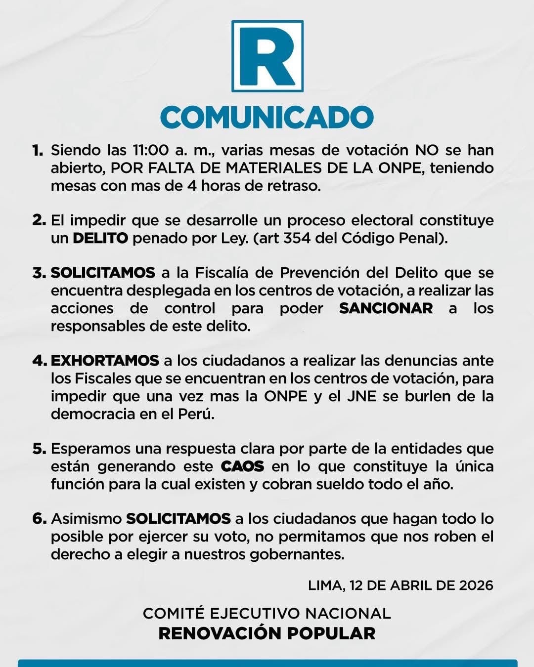 Comunicado de Renovación Popular. Foto: X.