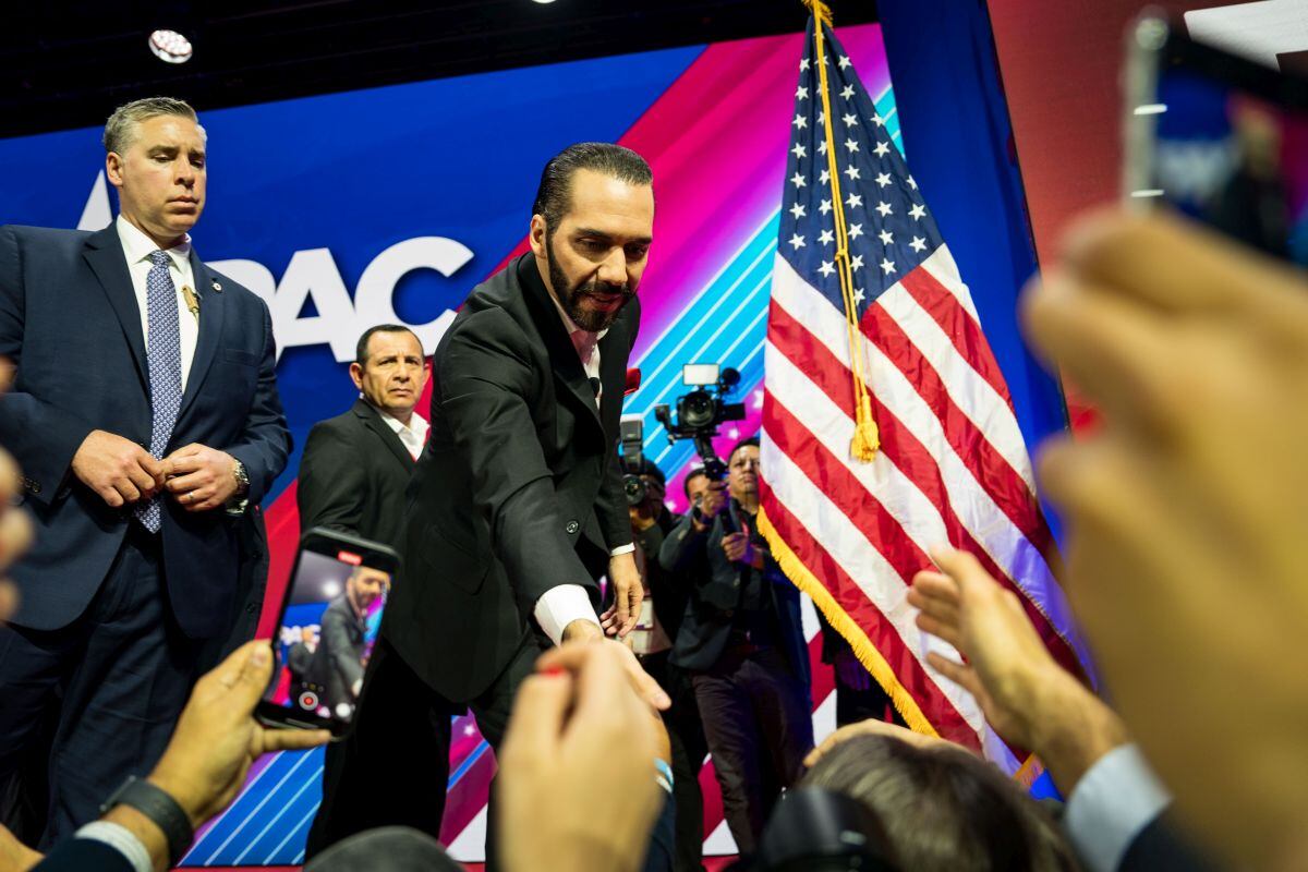 Bukele greets attendees at CPAC near Washington in February. Photographer: Kent Nishimura/Bloomberg