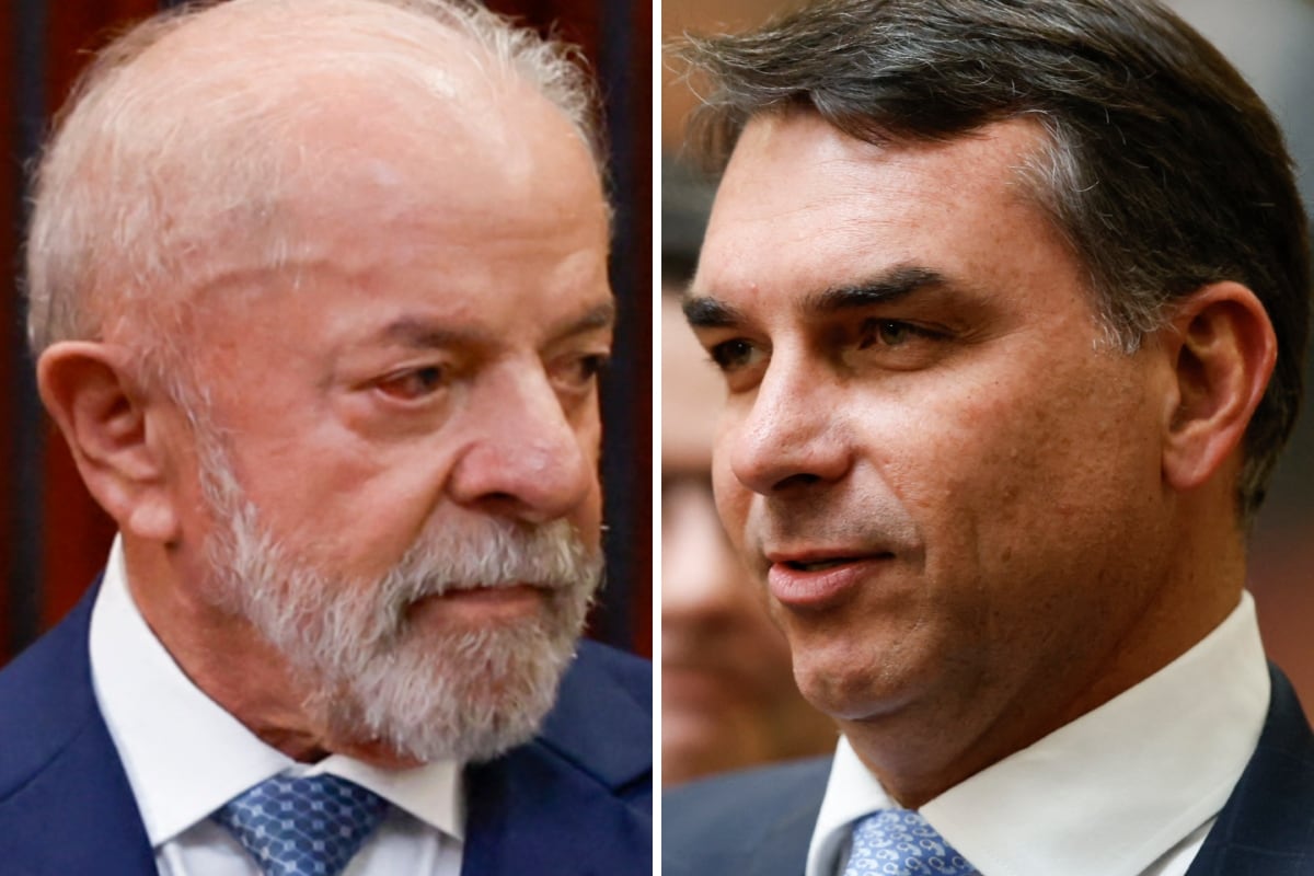 El presidente de Brasil y candidato a la reelección, Luiz Inácio Lula da Silva; y el senador y aspirante a la presidencia Flávio Bolsonaro. (Sergio Lima / AFP)