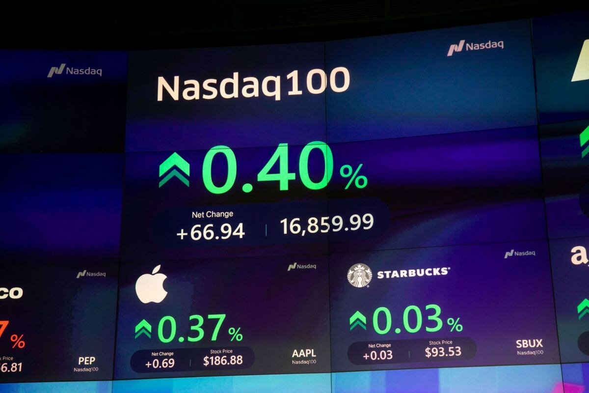 Stock market information at the Nasdaq MarketSite in New York, US, on Thursday, Jan. 11, 2024. Bitcoin surged past $49,000 for the first time since December 2021 with trading commencing on the first US exchange-traded funds that invest directly in the biggest cryptocurrency. Photographer: Michael Nagle/Bloomberg