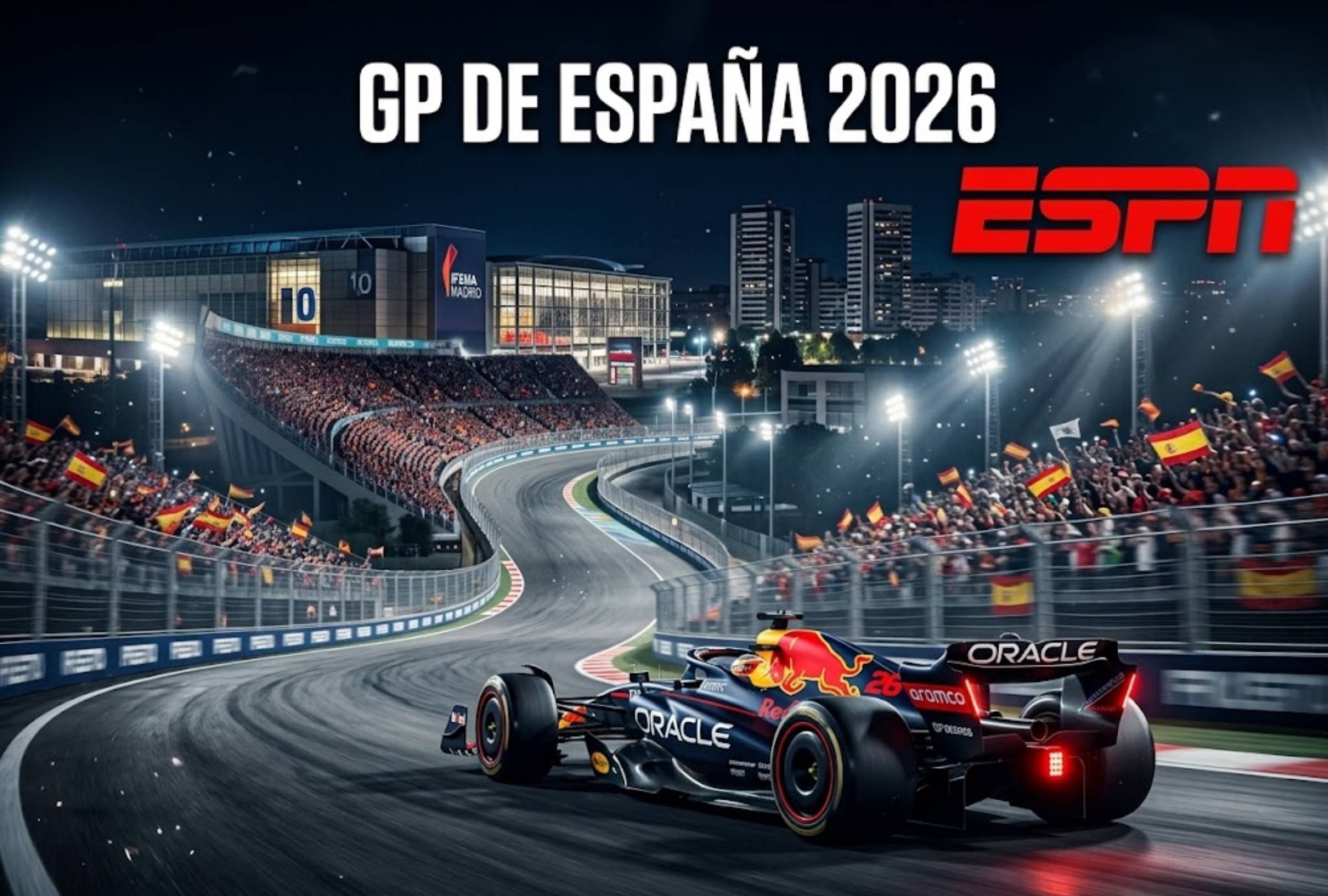 MADRID, ESPAÑA, 13-09-2026. ESPN transmitirá el Gran Premio de España que se realizará en Madring, una de las carreras de la Fórmula 1 más esperadas de la temporada. FOTO: Imagen creada con la IA de Gemini.