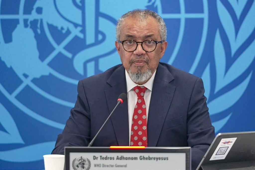 This video grab from AFP TV video shows a view of Director-General Tedros Adhanom Ghebreyesus speaking during a virtual press conference on the hantavirus cluster linked to a cruise ship travel, in Geneva, on May 7, 2026. WHO said it expects hantavirus outbreak to be 'limited', if health measures implemented, on May 7, 2026. (Photo by AFP)