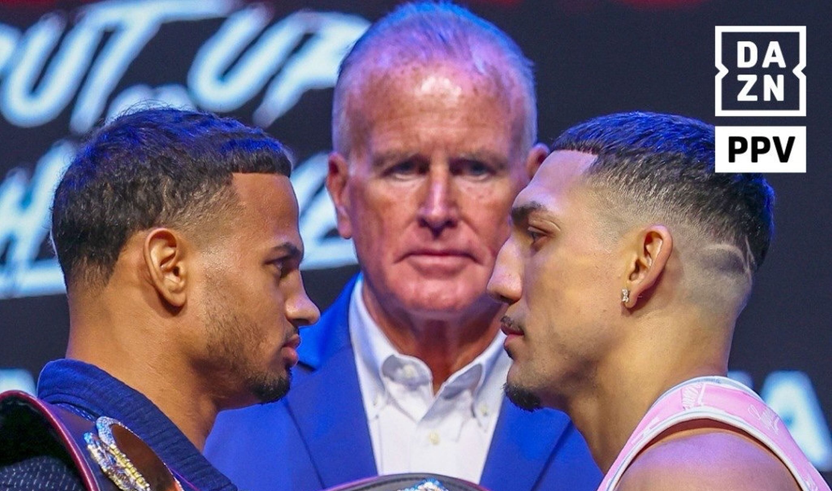 El intenso cara a cara entre de Rolly Romero y Teófimo López. (Foto: @daznboxing / @knockout / @premierboxing / Instagram)