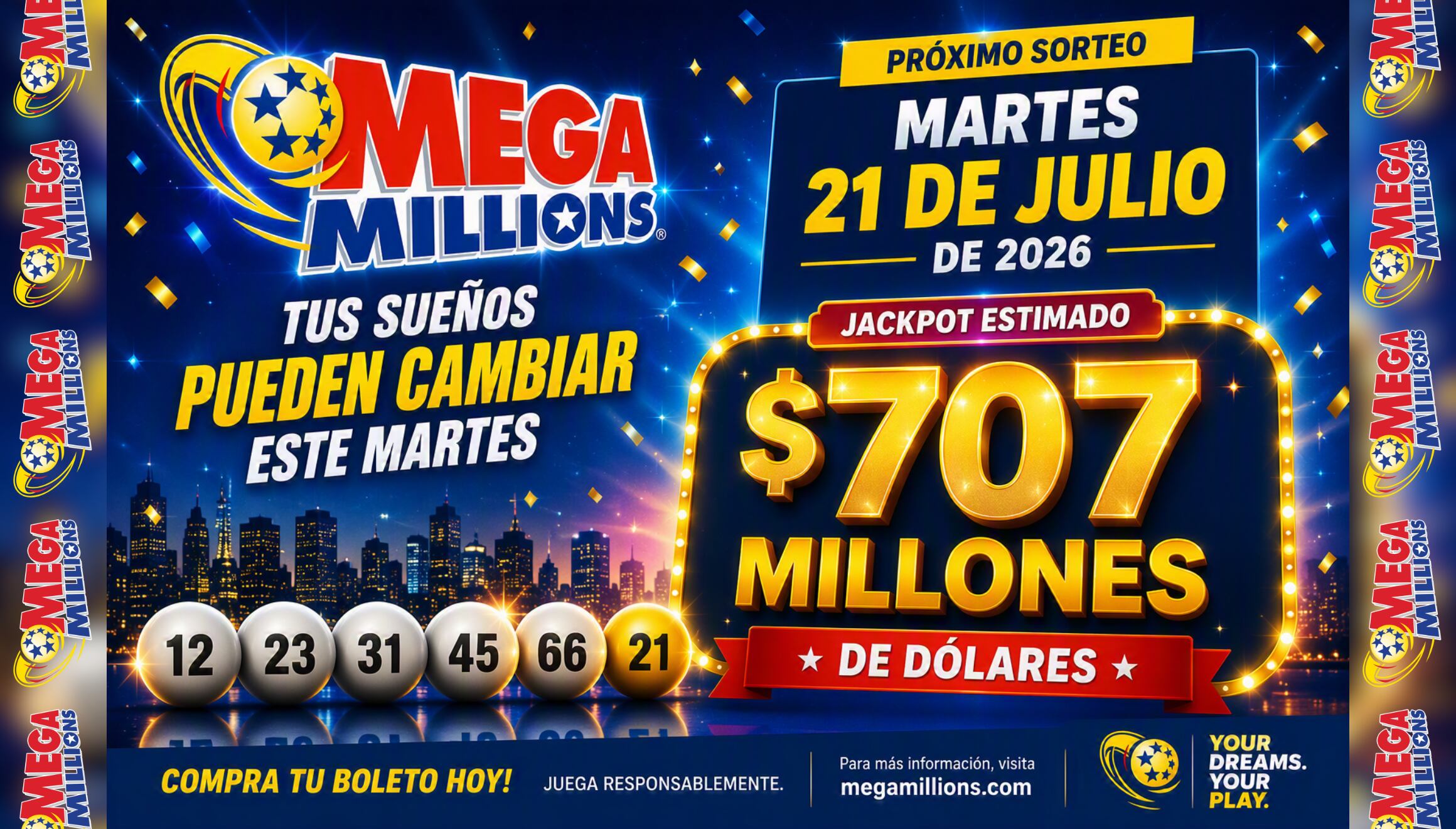 Sorteo del Mega Millions de este 21 de julio de 2026 con un jackpot acumulado de 707 millones de dólares. Conozca los números ganadores y la información de los resultados oficiales en Estados Unidos. | Imagen creada por Gestión Mix utilizando la IA de Copilot / Composición GEC