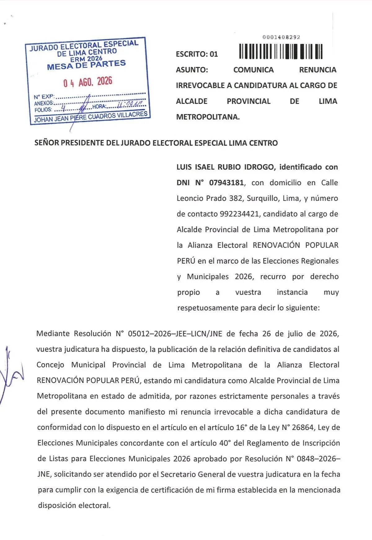 Luis Rubio renunció a candidatura a la alcaldía de Lima. Foto: Difusión