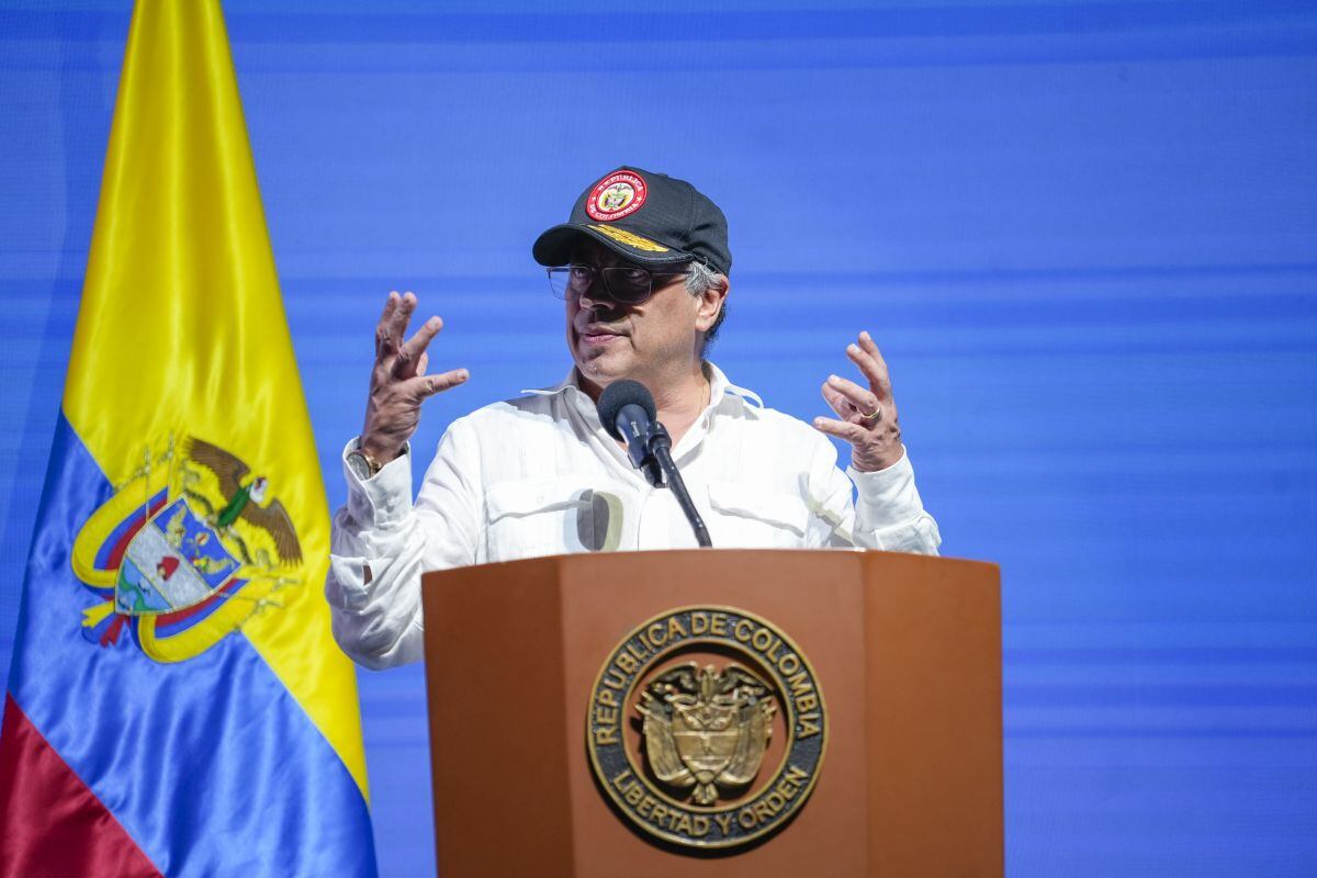 Gustavo Petro, Colombia's president, speaks during the Asobancaria Banking Conference in Cartagena, Colombia, on Friday, June 7, 2024. Petro called on a room of the nations top bankers to help reactivate the nations economy by doling out low-interest loans. Photographer: Charlie Cordero/Bloomberg