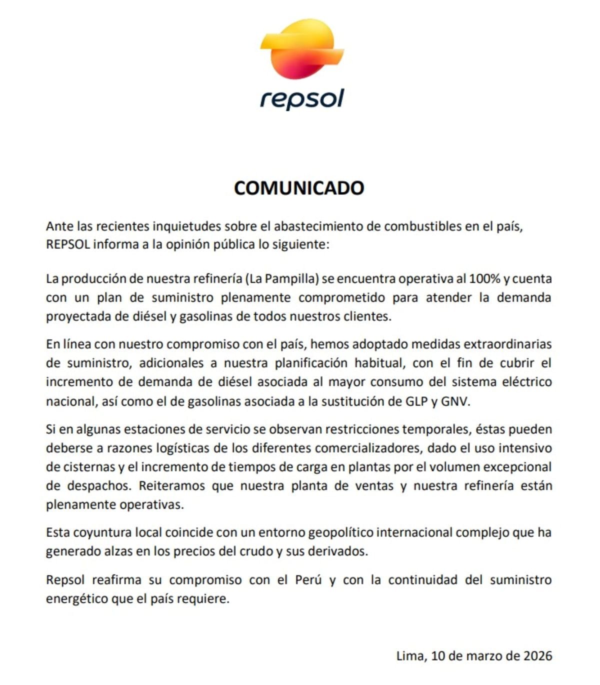 Comunicado de Repsol.