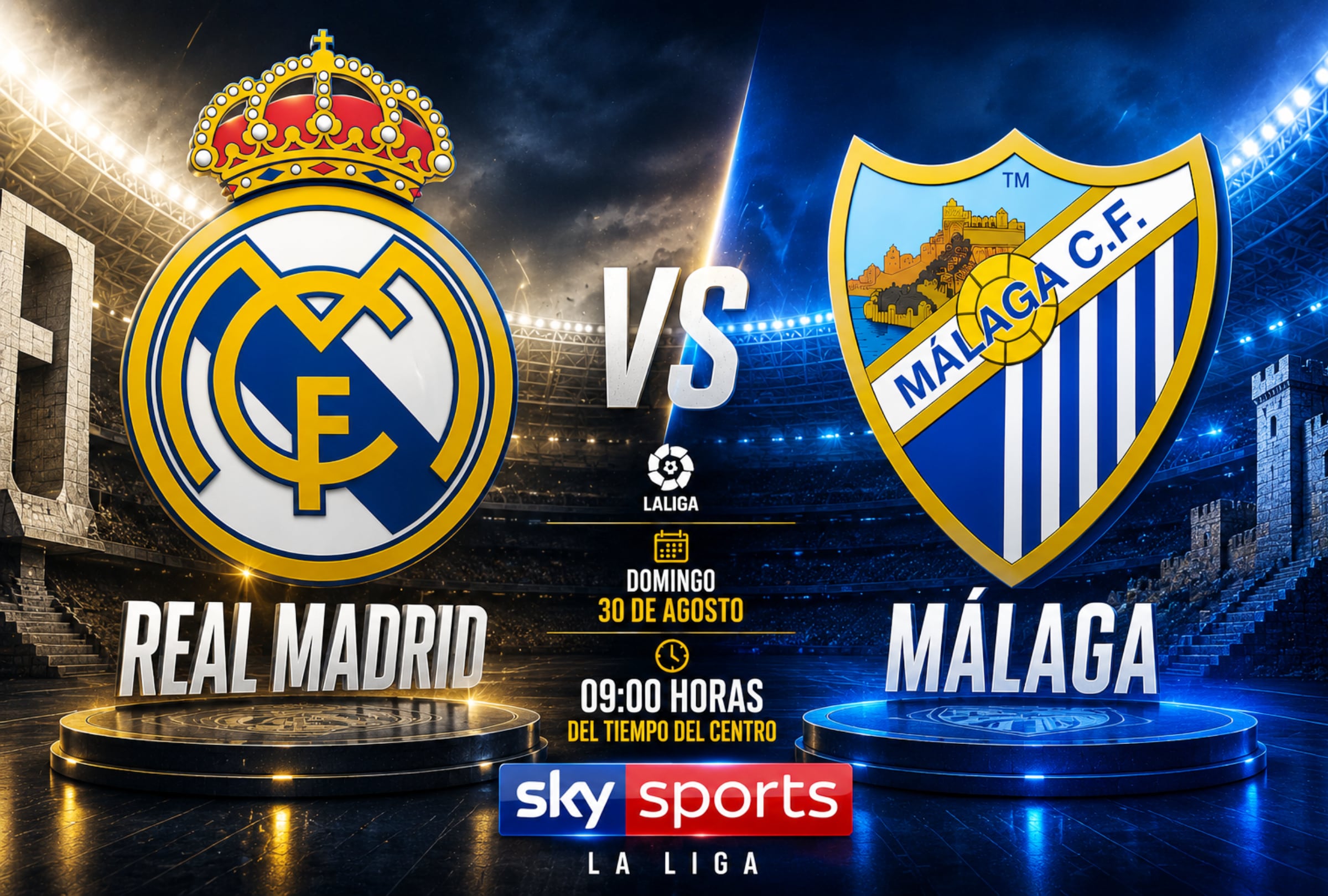 MADRID (ESPAÑA), 30/08/2026.- Cobertura oficial de SKY Sports HD EN VIVO ONLINE para ver el partido Real Madrid vs. Málaga hoy por la Jornada 3 de LaLiga EA Sports 2026-27. FOTO CREADA POR NOÉ YACTAYO CON IMÁGENES DE LALIGA EA SPORTS
