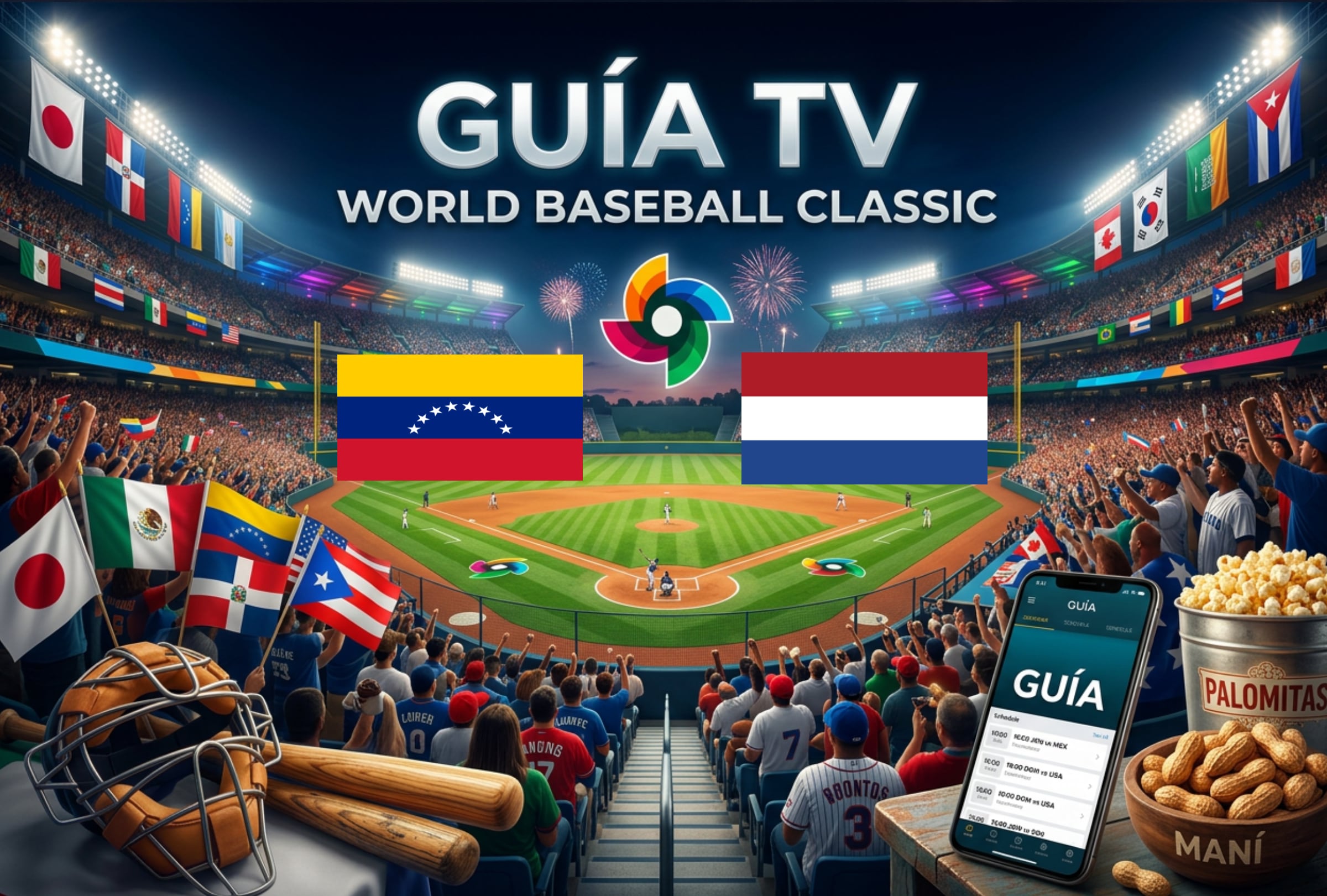 MIAMI, FLORIDA (ESTADOS UNIDOS), 06/03/2026.- Lista de horarios y canales de televisión en diferentes países del mundo para ver el juego de Venezuela y Países Bajos este viernes 6 de marzo por la fecha 1 del Grupo D del Clásico Mundial de Béisbol 2026 desde el LoanDepot Park de Miami, Florida. FOTO DE NOÉ YACTAYO CREADA CON PERPLEXITY AI PARA GESTIÓN MIX
