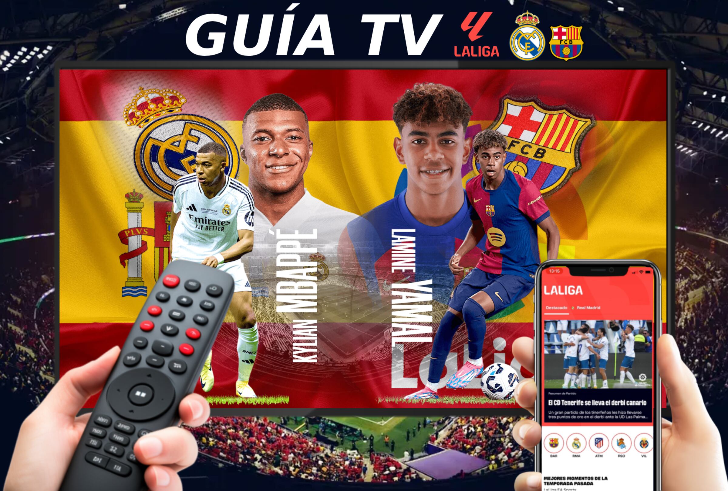 MADRID (ESPAÑA), 26/10/2025.- Lista de canales de televisión y servicios streaming para ver el partido entre Real Madrid y FC Barcelona este domingo 26 de octubre por el clásico de la Jornada 15 de LaLiga EA Sports 2025-26 desde el Estadio Santiago Bernabéu de Madrid, España. Imagen creada por Noé Yactayo con infografía de LAREFORMA.com