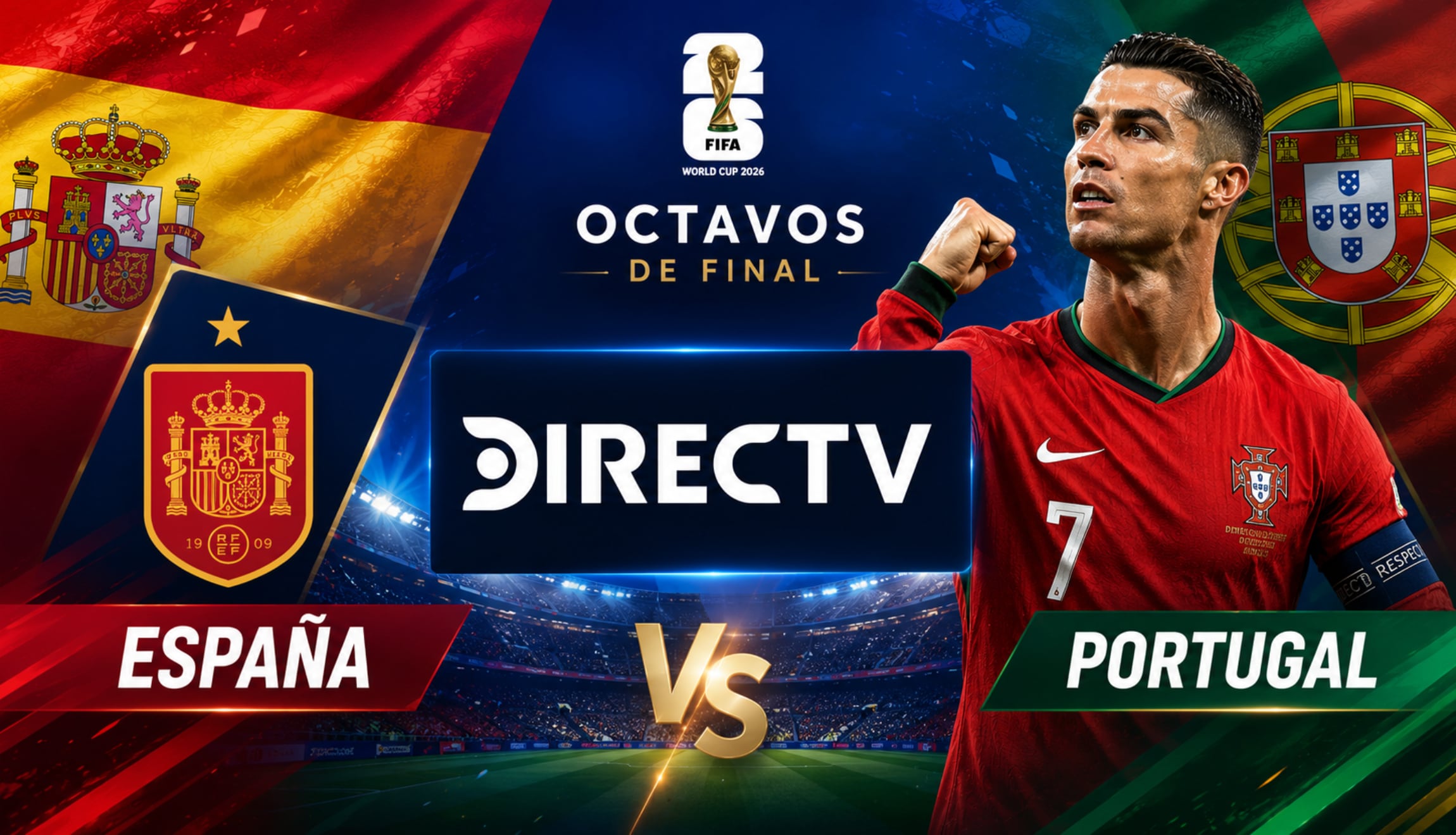 Señal de DIRECTV para ver España vs. Portugal, con Cristiano Ronaldo, este lunes 6 de julio, por los octavos de final del Mundial de Fútbol 2026. (Foto: Imagen creada por Gestión Mix utilizando la IA de Chat GPT)