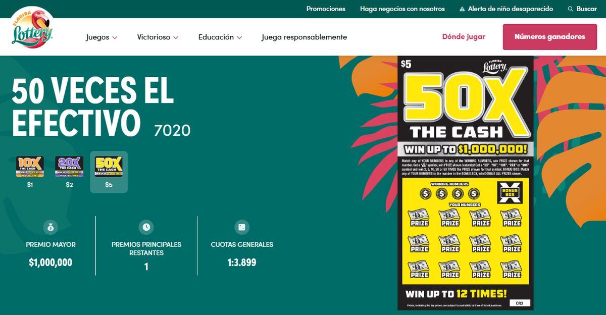 Así es el raspadito 50X THE CASH (Foto: Lotería de Florida)