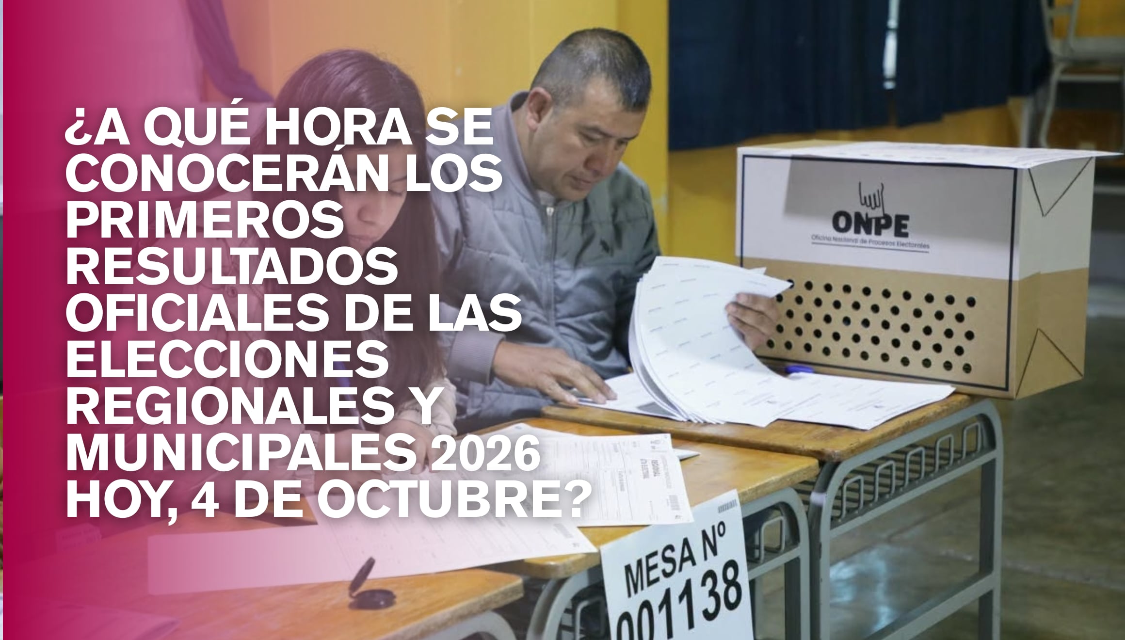 Conoce a qué hora se presentan los primeros resultados oficiales de las Elecciones Regionales y Municipales 2026 este domingo 4 de octubre. | Crédito: ONPE Oficina Nacional de Procesos Electorales - Perú
/ Facebook / Composición Gestión Mix