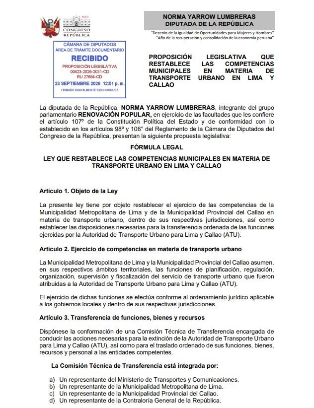 Propuesta de Renovación Popular también contempla que ambas municipalidades coordinen los servicios que conectan las dos jurisdicciones. Foto: Congreso.