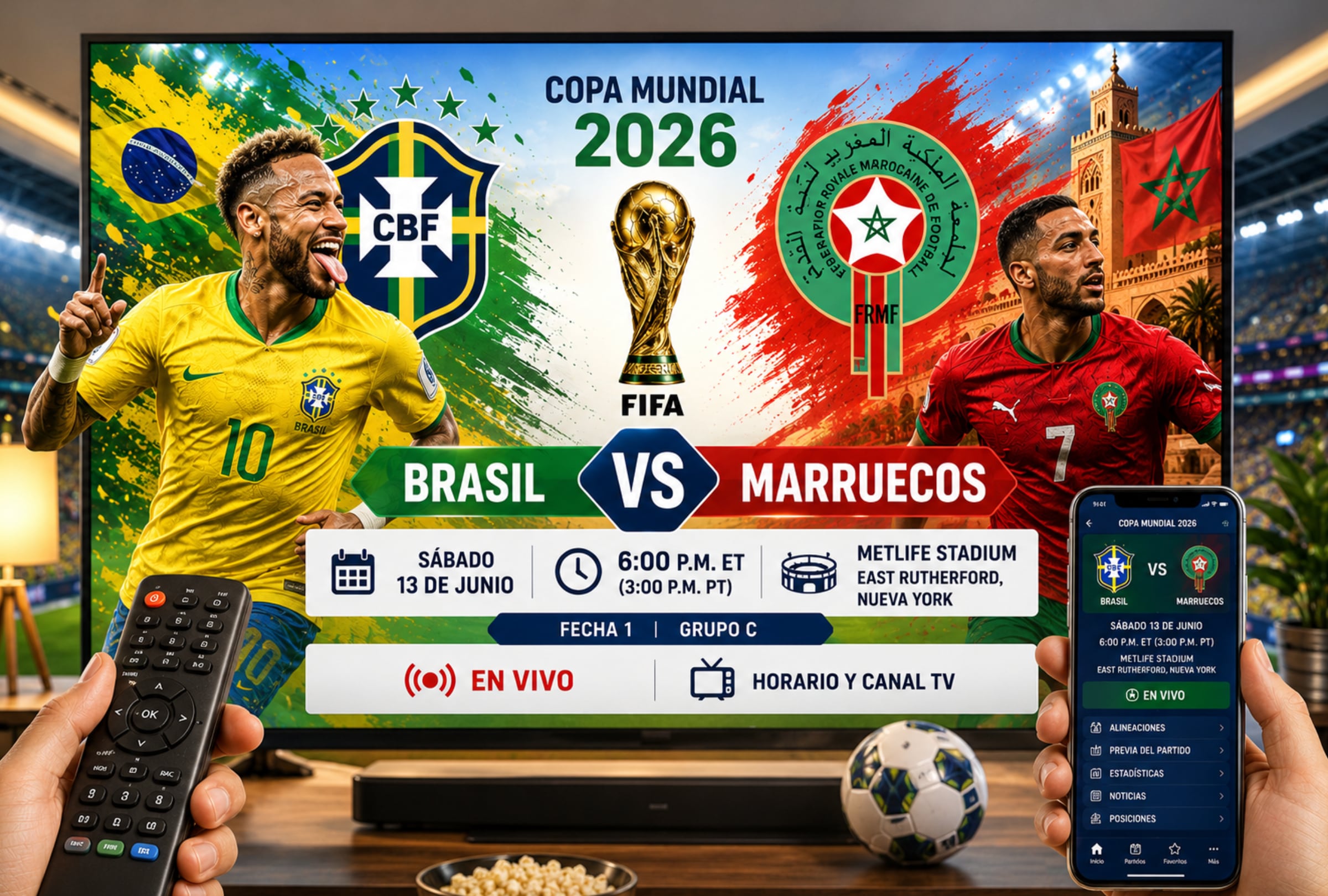 EAST RUTHERFORD, NUEVA YORK (ESTADOS UNDIS), 13/06/2026.- Lista de canales de televisión y servicios streaming para ver el partido entre Brasil y Marruecos este sábado 13 de junio por la fecha 1 del grupo del Mundial 2026 en el MetLife Stadium de East Rutherford, Nueva York. FOTO DE NOÉ YACTAYO