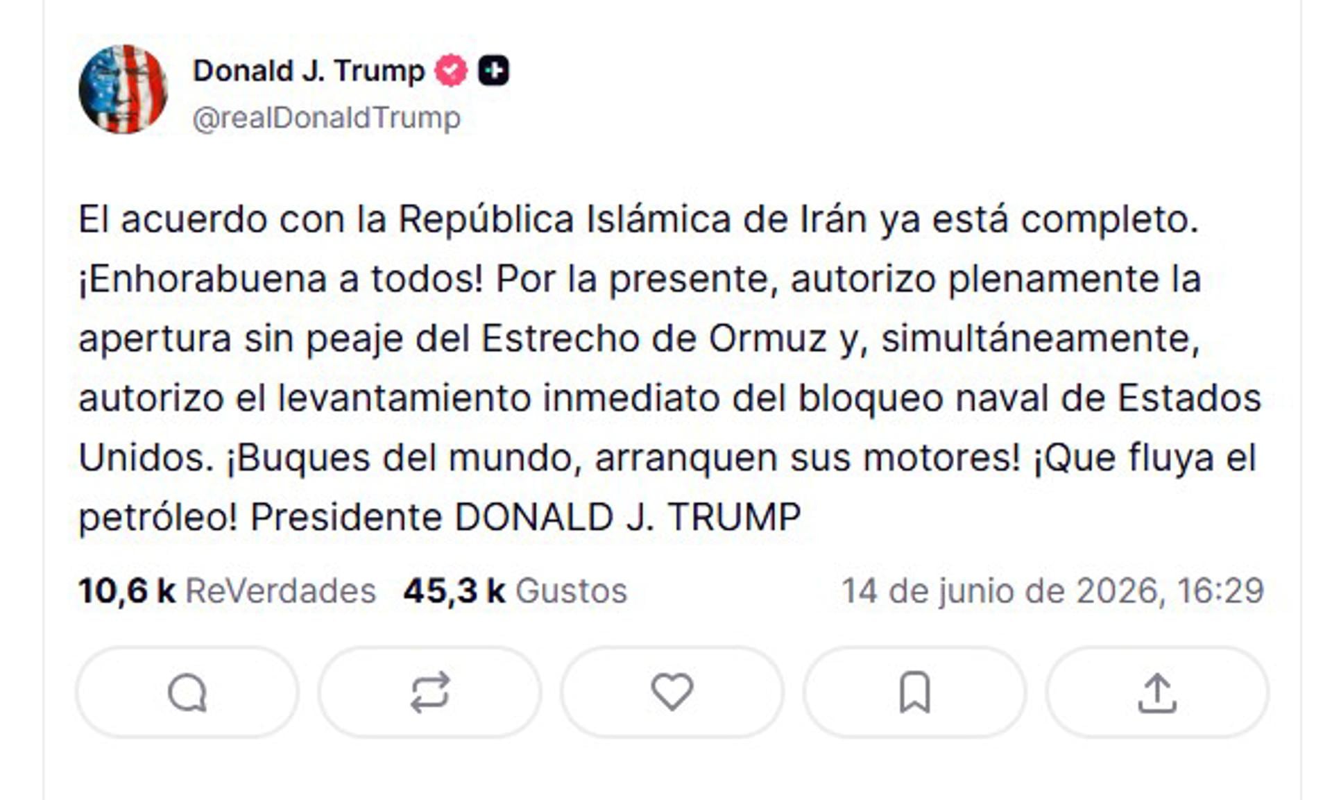 Captura de una publicación en la cuenta en Truth Social @realDonaldTrump del presidente de EE.UU., Donald Trump, donde anuncia que ha alcanzado un acuerdo con Irán para reabrir el estrecho de Ormuz tras más de tres meses de conflicto. (EFE/ @realDonaldTrump)