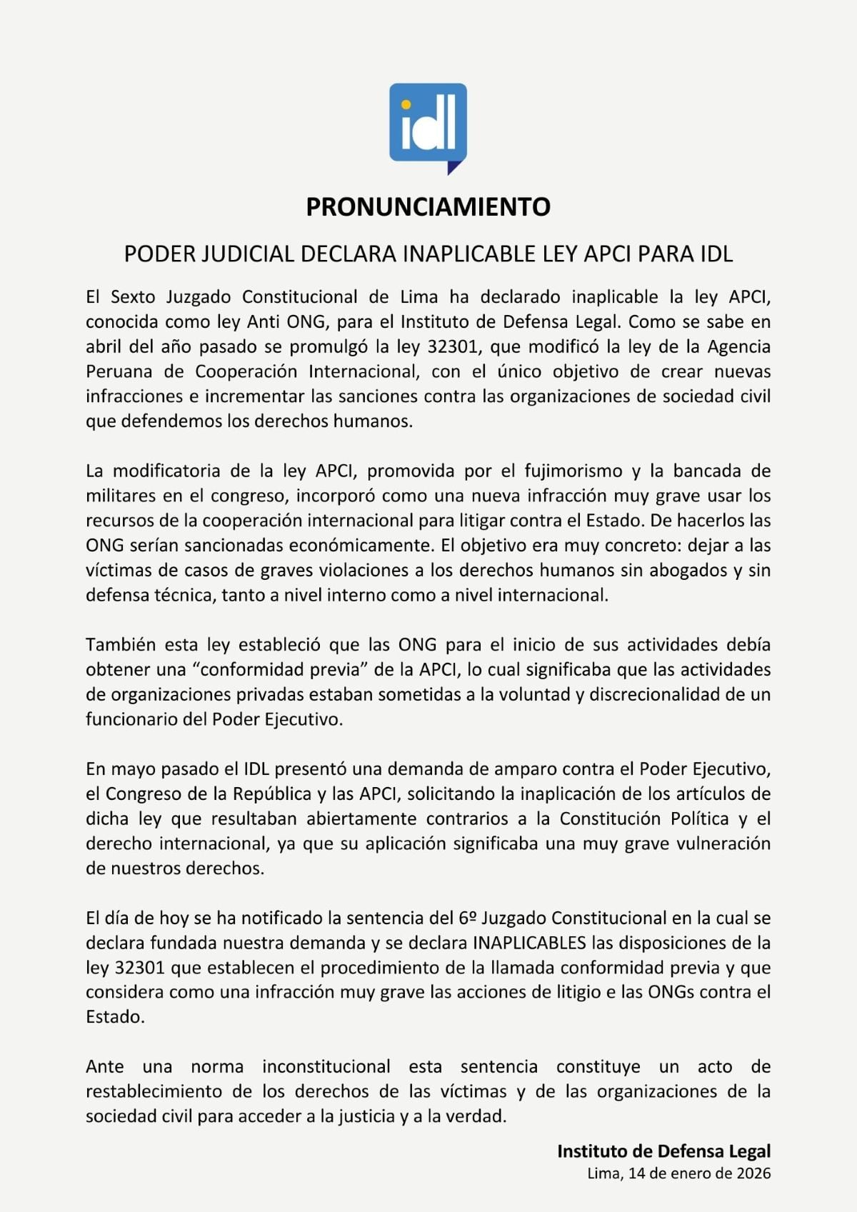 Pronunciamiento del IDL.