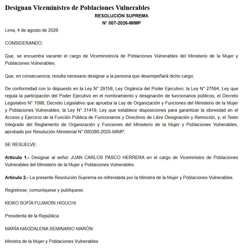 Gobierno designa a Juan Carlos Pasco como nuevo viceministro de Poblaciones Vulnerables. Foto: El Peruano.