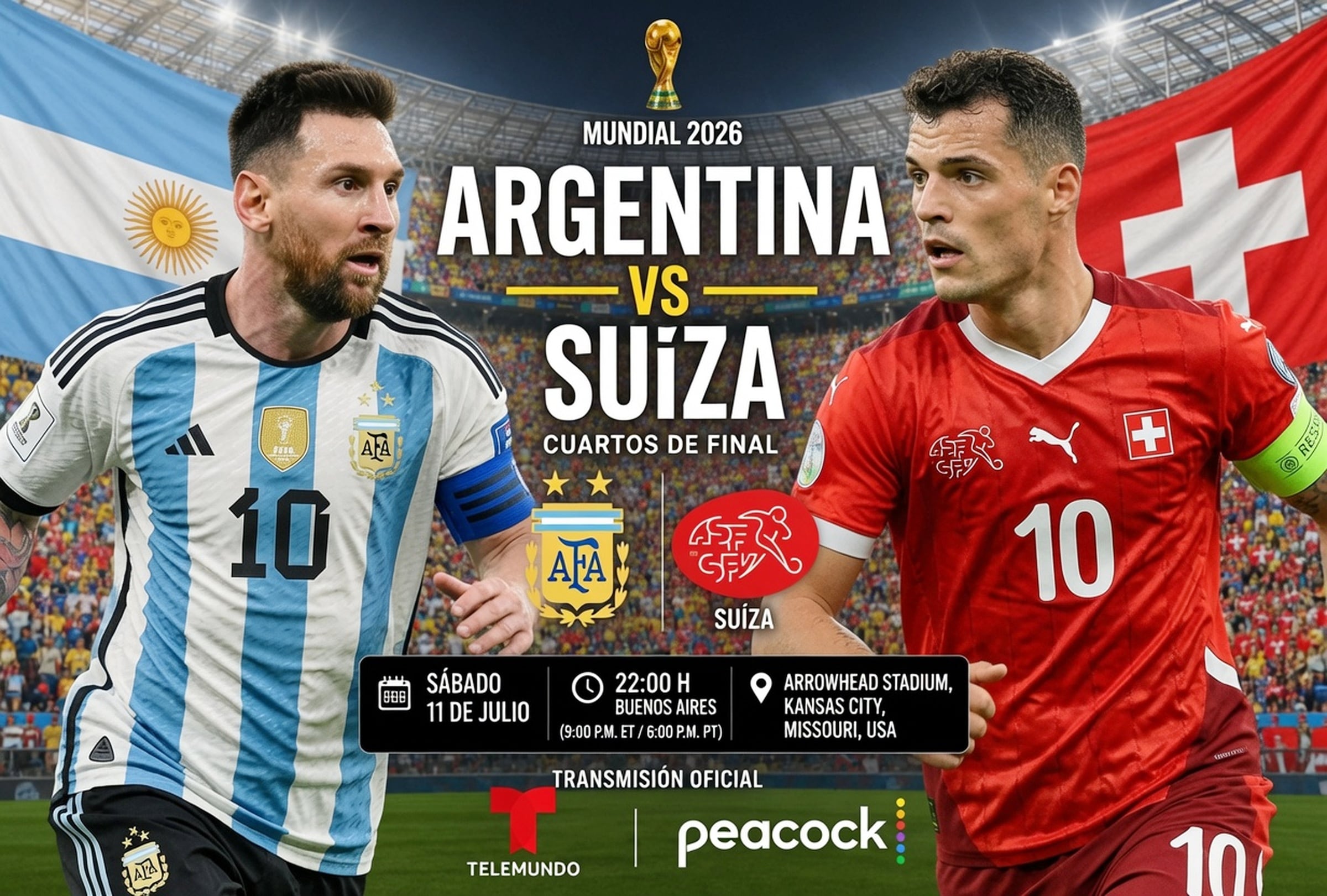 KANSAS CITY, MISURI (ESTADOS UNIDOS), 11/07/2026.- Cobertura oficial de Telemundo Deportes Ahora EN VIVO GRATIS para ver el partido Argentina vs. Suiza hoy por los cuartos de final de la Copa Mundial de la FIFA 2026 en el Arrowhead Stadium de Kansas City, Misuri. FOTO DE NOÉ YACTAYO