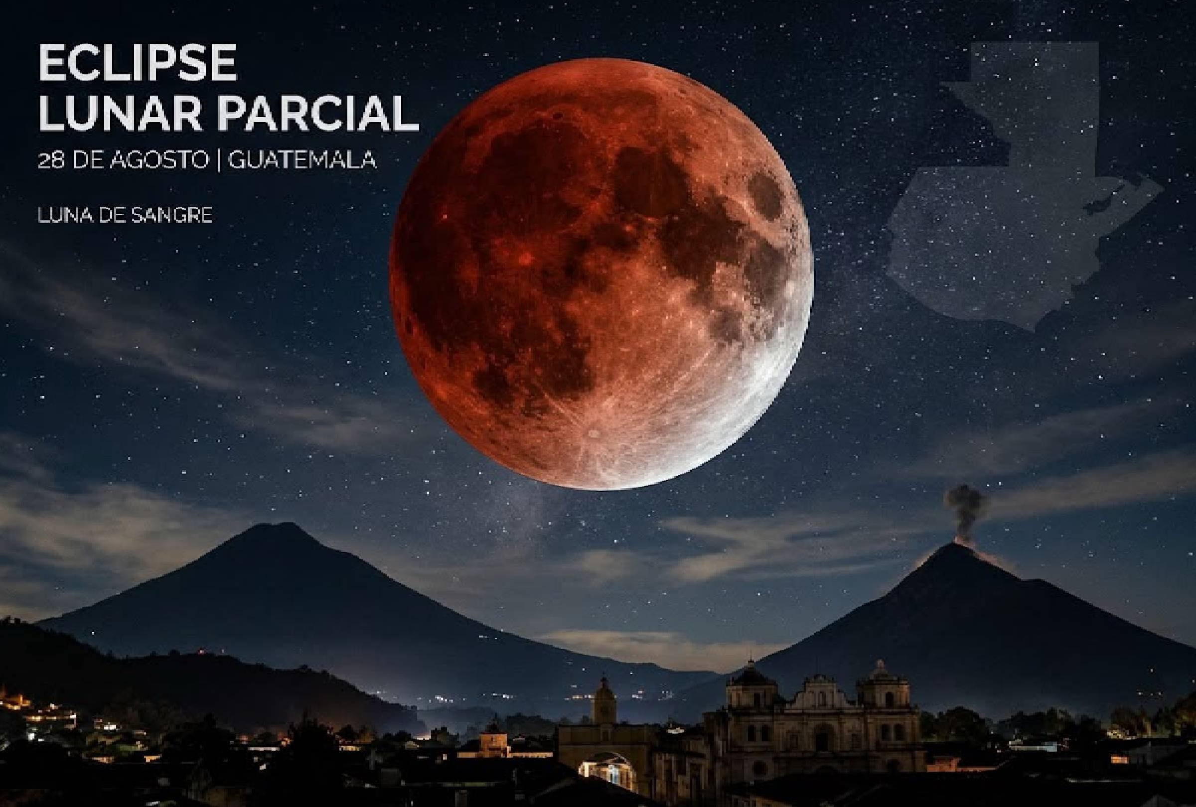 GUATEMALA (27-08-2026).- Hora y dónde ver el eclipse lunar parcial en Guatemala. Los horarios de las fases y el punto máximo de la Luna Roja. FOTO: Imagen creada por la IA de Gemini.