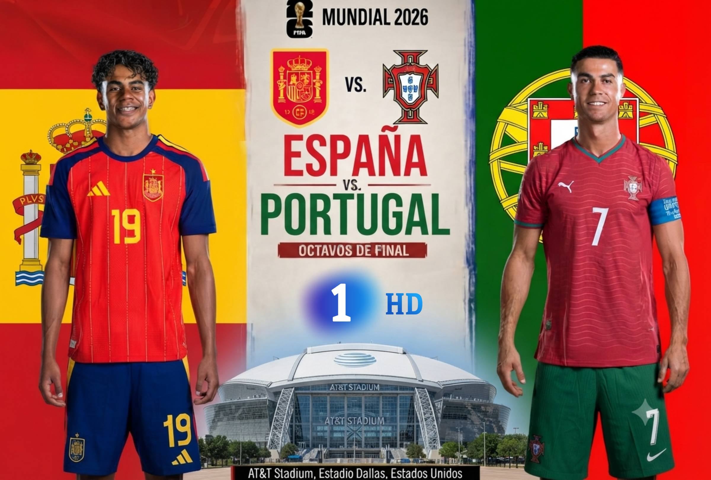 ARLINGTON, TEXAS, (ESTADOS UNIDOS), 06/07/2026.- TVE La 1 HD y RTVE Play te llevarán EN DIRECTO el partido de Portugal vs. España con Cristiano Ronaldo hoy por los octavos de final del Mundial 2026, desde AT&T Stadium (Estadio Dallas), Estados Unidos. FOTO: Imagen creada por Gemini.