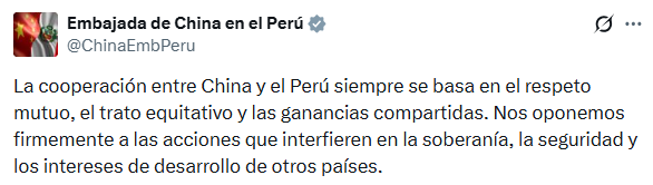 Pronunciamiento de la Embajada de China en Perú. Foto: X.