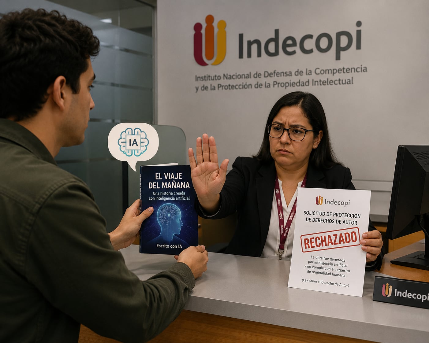 Indecopi y la IA. Fotocomposición: ChatGPT y Diario Gestión.