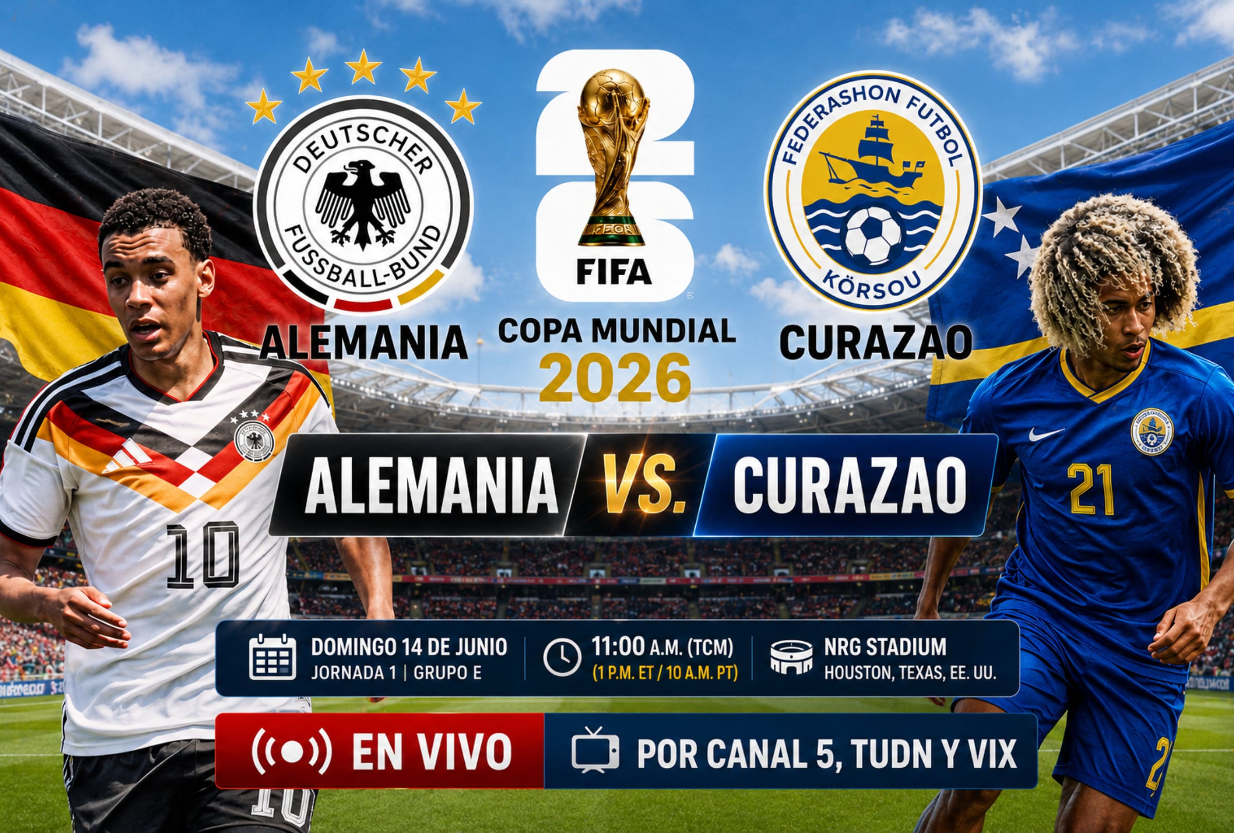 HOUSTON, TEXAS (ESTADOS UNIDOS), 14/06/2026.- Lista de canales de televisión y servicios streaming para ver el partido entre Alemania y Curazao este domingo 14 de junio por la Jornada 1 del grupo C del Mundial 2026 en el NRG Stadium de Houston, Texas. FOTO DE NOÉ YACTAYO