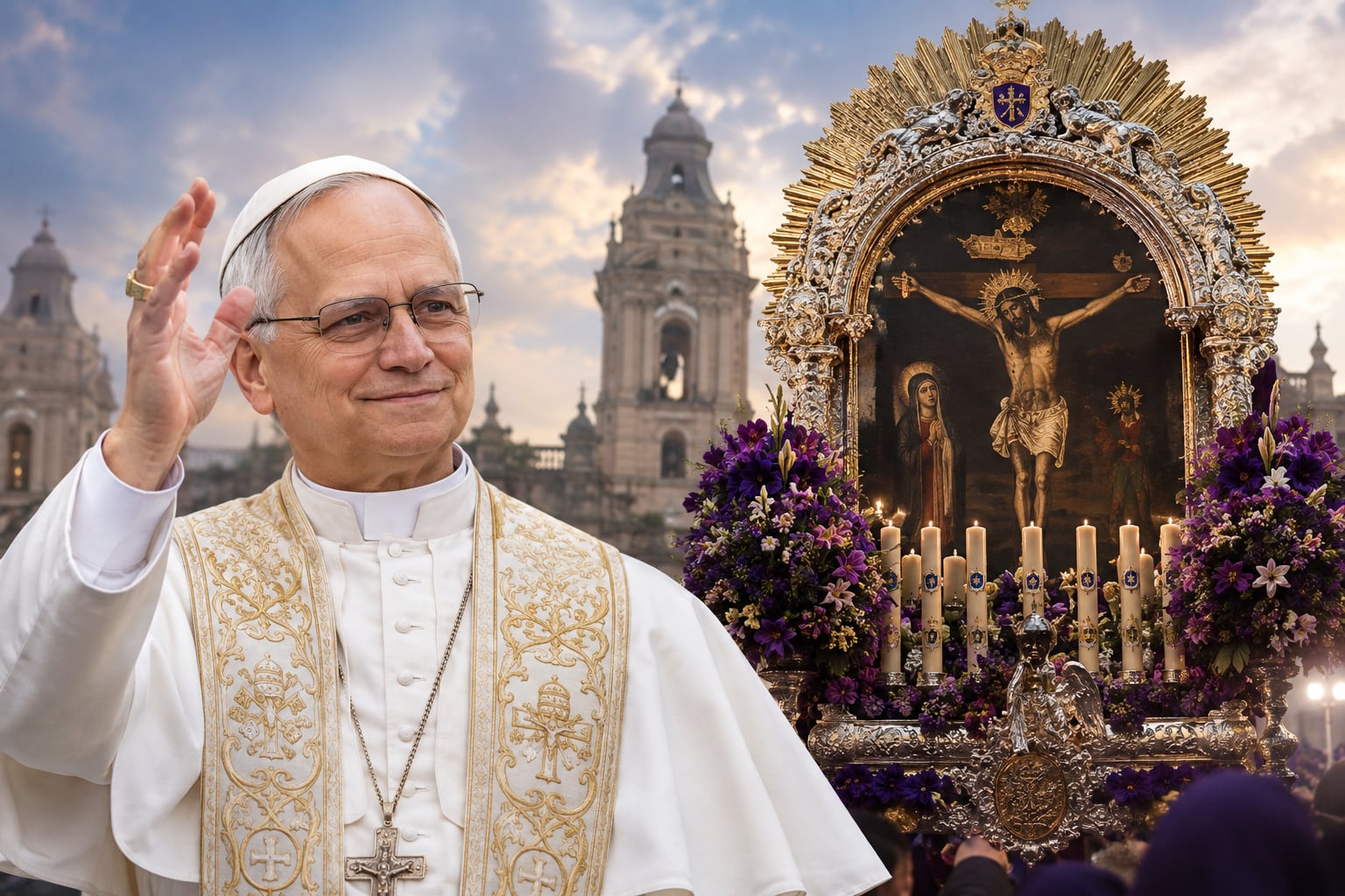 Papa León XIV y Señor de los Milagros. (Foto: Elaboración propia hecha con ChatGPT)