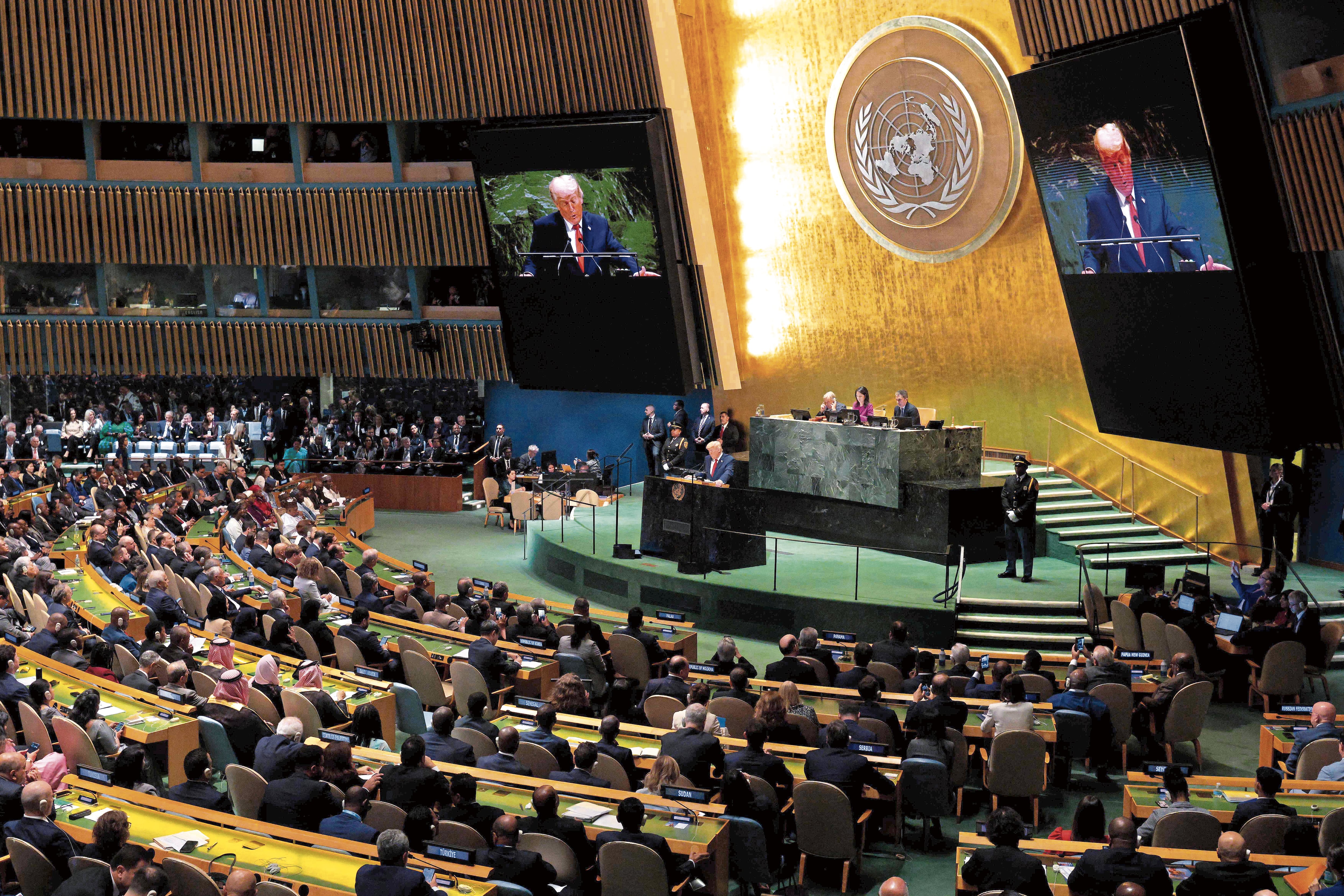 NEW YORK, NEW YORK - SEPTEMBER 23: A general view as U.S. President Donald Trump speaks during the 80th session of the UN’s General Assembly (UNGA) at the United Nations headquarters on September 23, 2025 in New York City. World leaders convened for the 80th Session of UNGA, with this year’s theme for the annual global meeting being “Better together: 80 years and more for peace, development and human rights.” Chip Somodevilla/Getty Images/AFP (Photo by CHIP SOMODEVILLA / GETTY IMAGES NORTH AMERICA / Getty Images via AFP)
