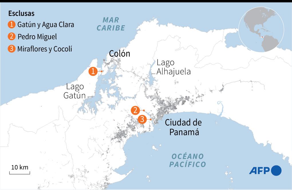 Mapa de Panamá localizando los embalses de Gatún y Alhajuela.