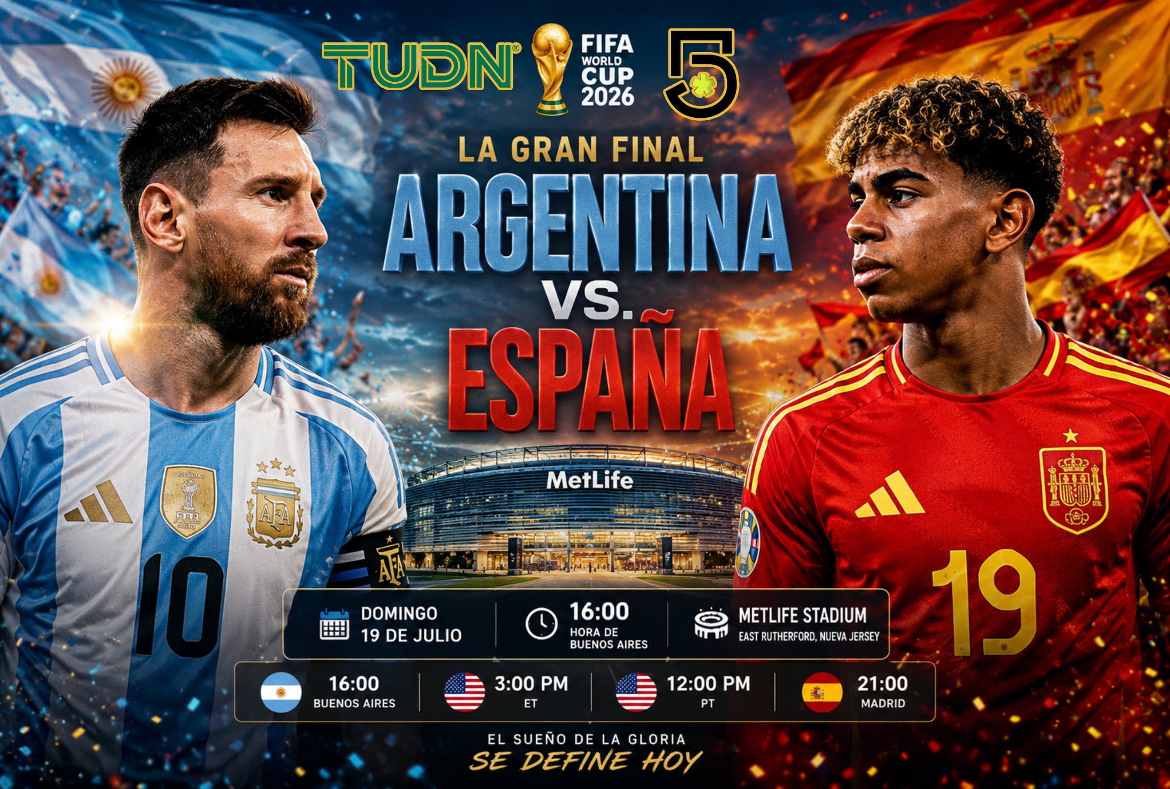 EAST RUTHERFORD, NUEVA JERSEY (ESTADOS UNIDOS), 19/07/2026.- Cobertura oficial de TUDN y Canal 5 EN VIVO GRATIS para ver el partido Argentina vs. España hoy por la gran final del Mundial 2026 en el MetLife Stadium de East Rutherford, Nueva Jersey. FOTO DE NOÉ YACTAYO