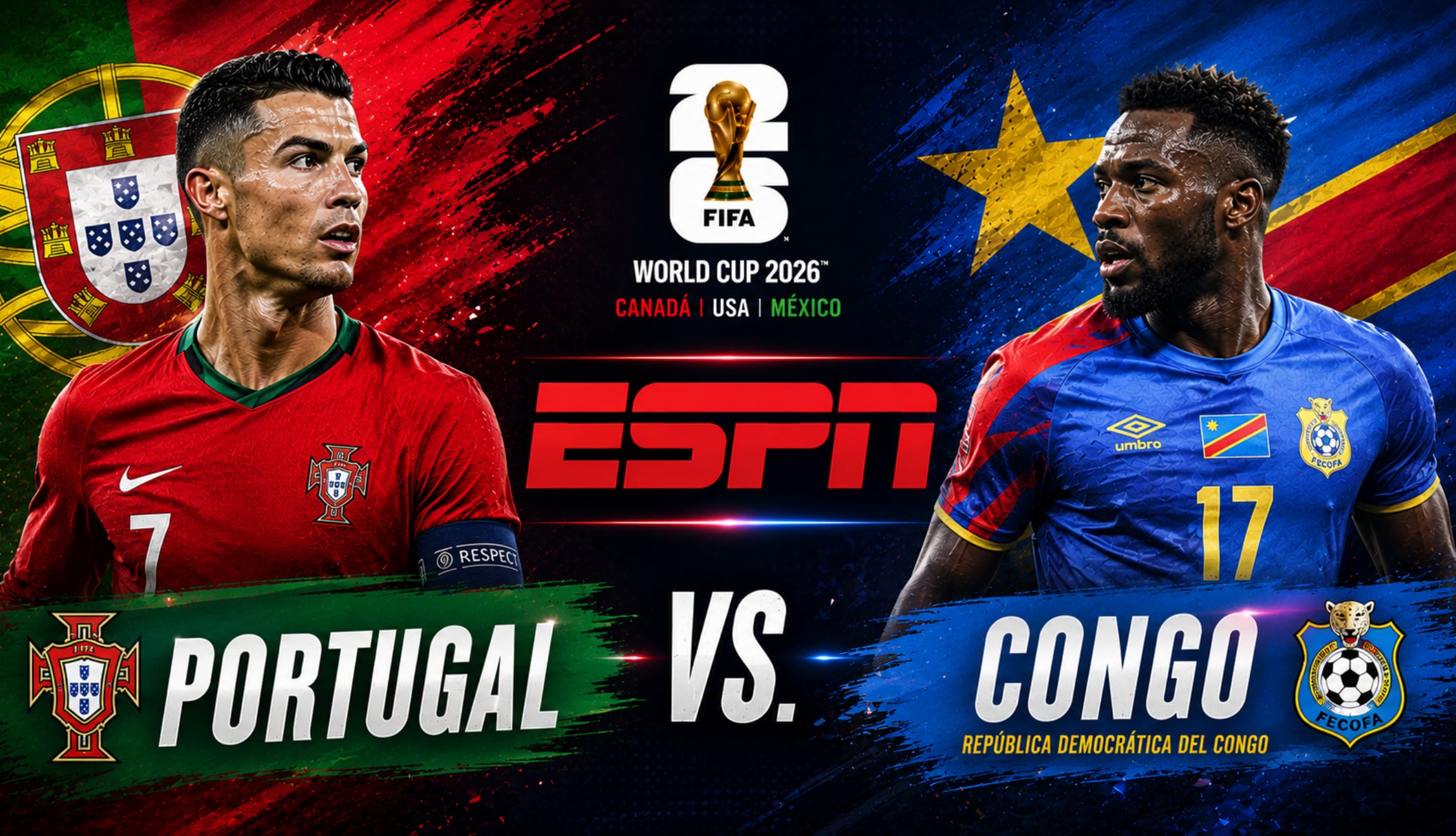 Transmisión de ESPN EN VIVO para ver el partido de Portugal vs. Congo, este miércoles 17 de junio, por la Jornada 1 del Grupo K del Mundial de Fútbol 2026. (Foto: Imagen creada por Gestión Mix utilizando la IA de Chat GPT)