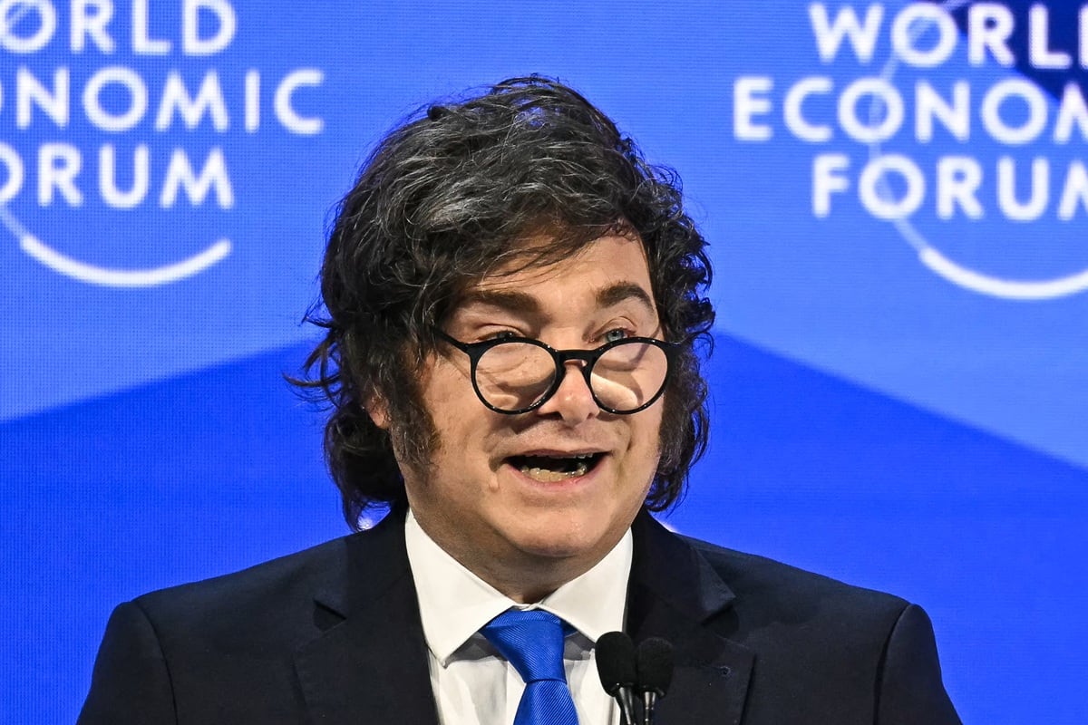 El presidente de Argentina, Javier Milei, habla durante la reunión anual del Foro Económico Mundial (FEM) en Davos, el 21 de enero de 2026. (Fabrice COFFRINI / AFP)