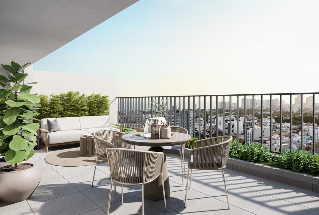 Vista de una terraza del proyecto Altivé, de Madrid Inmobiliaria, ubicado en la zona de Magdalena moderna.