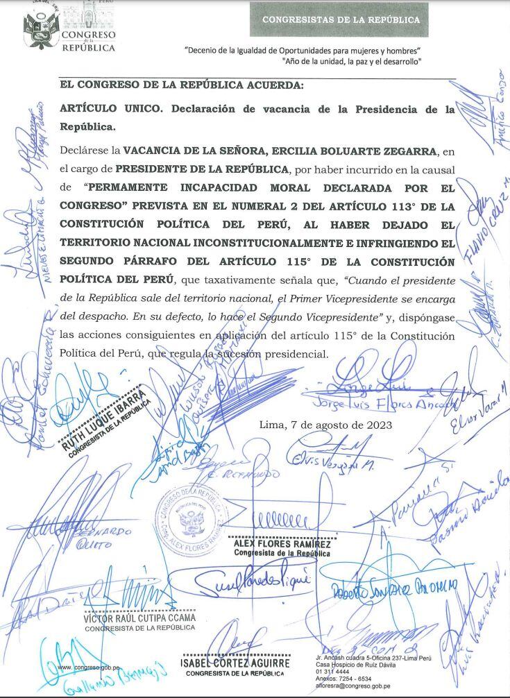 Moción firmada por 26 congresistas para vacancia de Dina Boluarte.