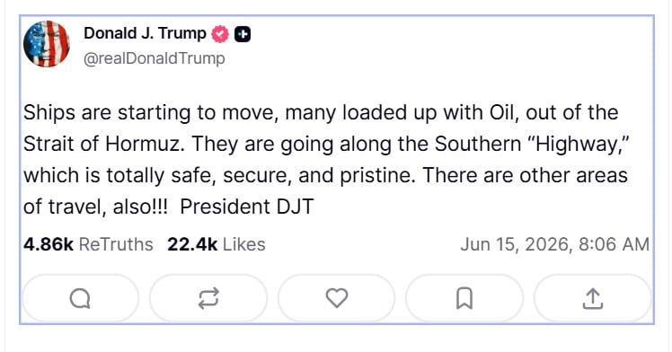 "Los barcos están empezando a moverse, muchos de ellos cargados con petróleo, fuera del estrecho de Ormuz", posteó Donald Trump el pasado lunes.
