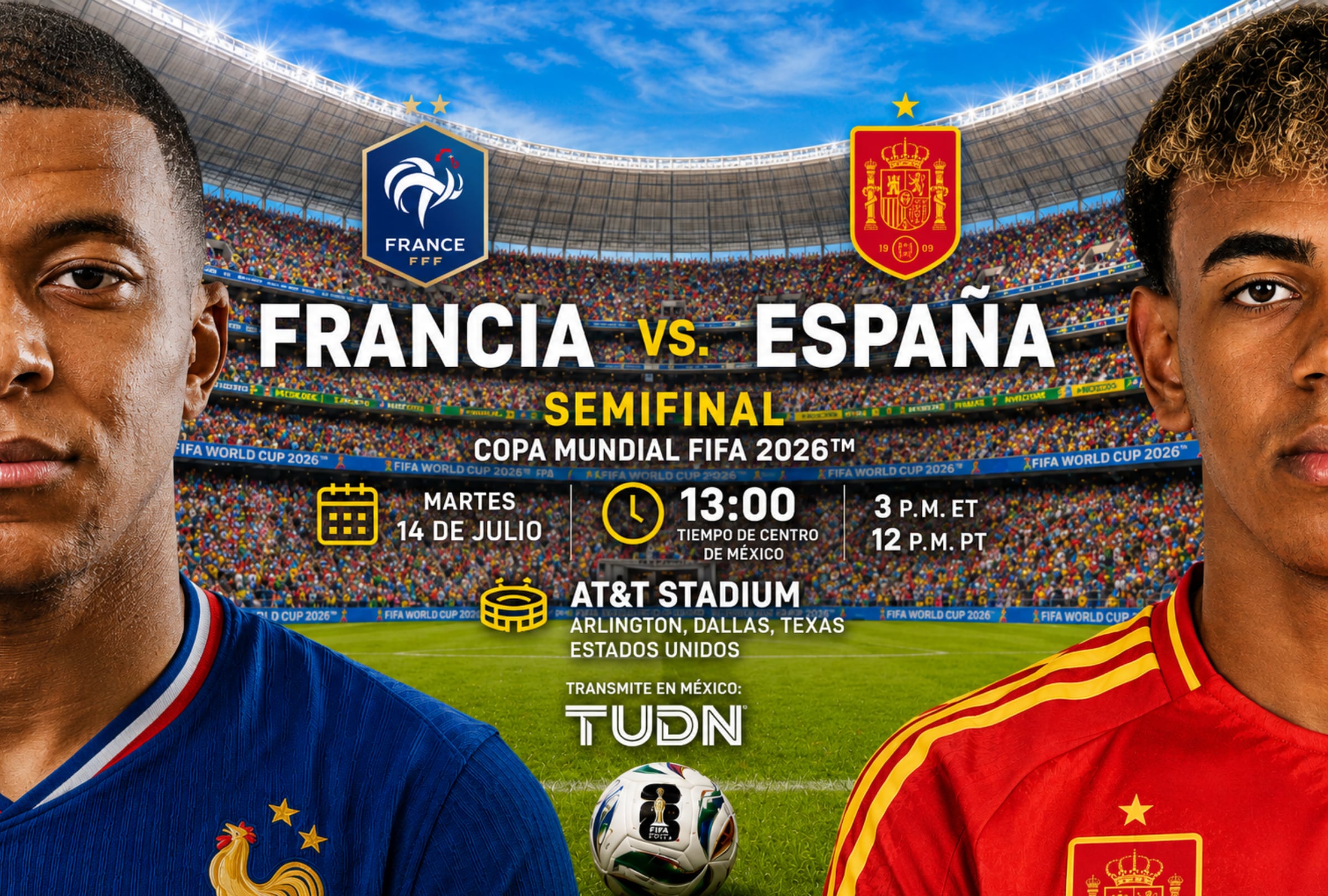 DALLAS, TEXAS (ESTADOS UNIDOS), 14/07/2026.- Cobertura oficial de TUDN y Canal 5 EN VIVO GRATIS para mirar el partido Francia vs. España hoy por la semifinal de la Copa Mundial FIFA 2026 en el AT&T Stadium de Arlington en Dallas, Texas (Estados Unidos). FOTO DE NOÉ YACTAYO