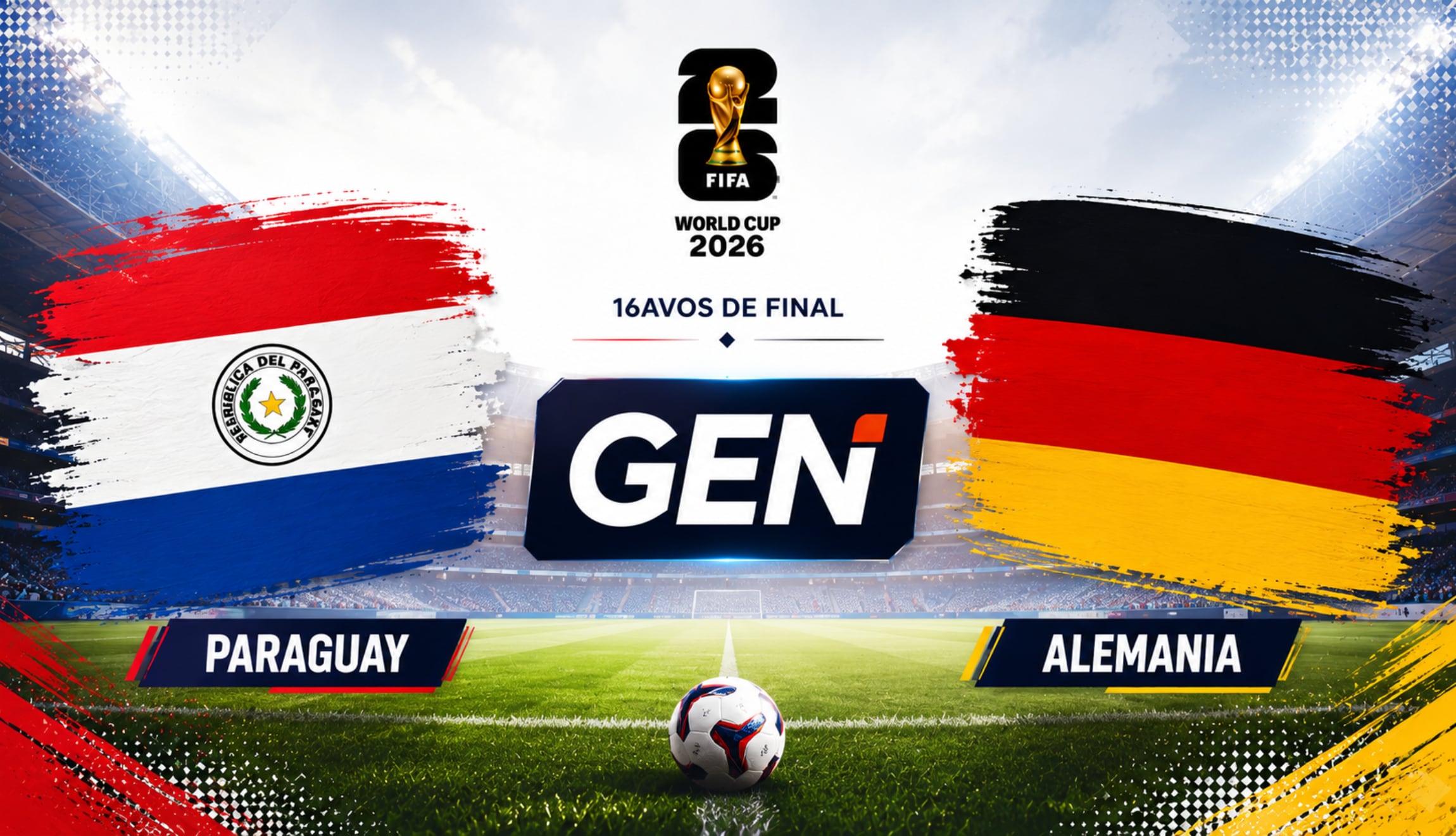 Mira la señal del Canal 12 de GEN para seguir el partido de Paraguay vs. Alemania en vivo y en directo, este lunes 29 de junio, por la ronda de 16avos de final del Mundial de Fútbol 2026. (Foto: Imagen creada por Gestión Mix utilizando la IA de Chat GPT)