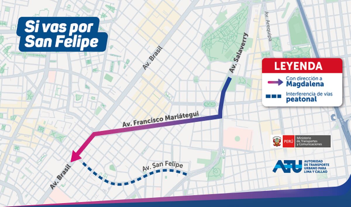 Avenida San Felipe (hacia av. Brasil): Desvío por la avenida Francisco Mariátegui. Foto: ATU.