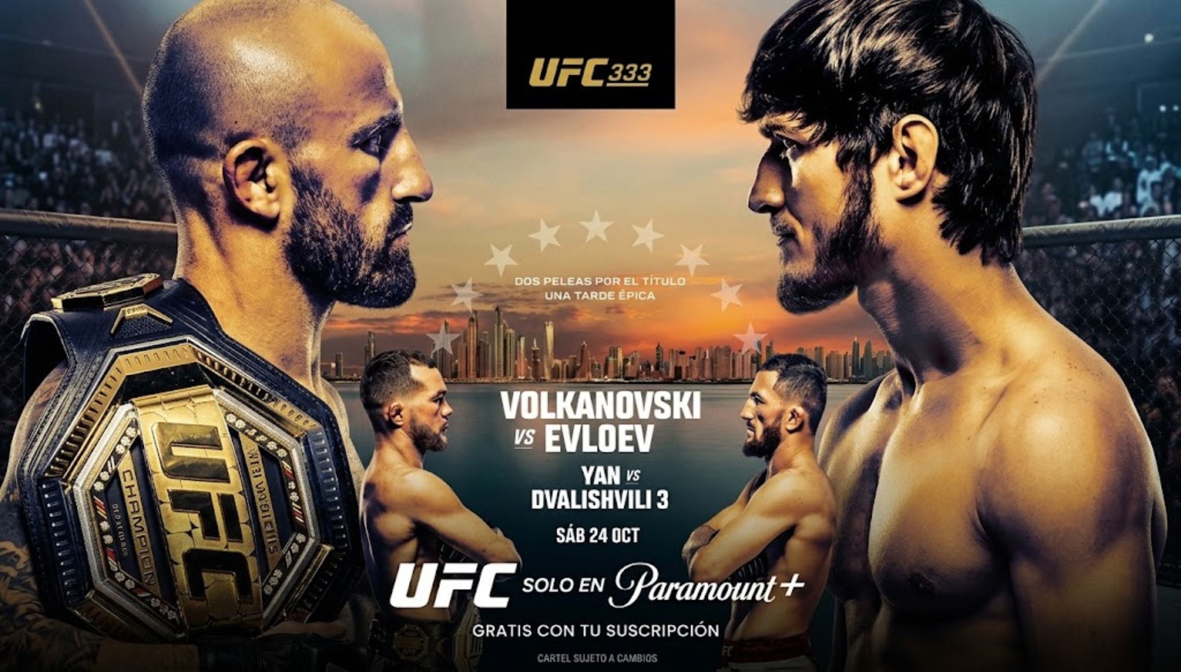 El UFC 333: Volkanovski vs. Evloev se podrá ver por streaming en Paramount+ en Perú, México y los demás países latinoamericanos incluidos en su cobertura, así como en Estados Unidos. (Foto: UFC / Composición Depore)