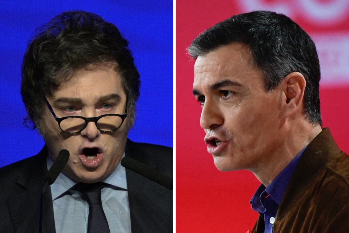 El presidente de Argentina, Javier Milei; y el mandatario del Gobierno español, Pedro Sánchez. (Fotos de Juan MABROMATA / Cristina QUICLER / AFP)